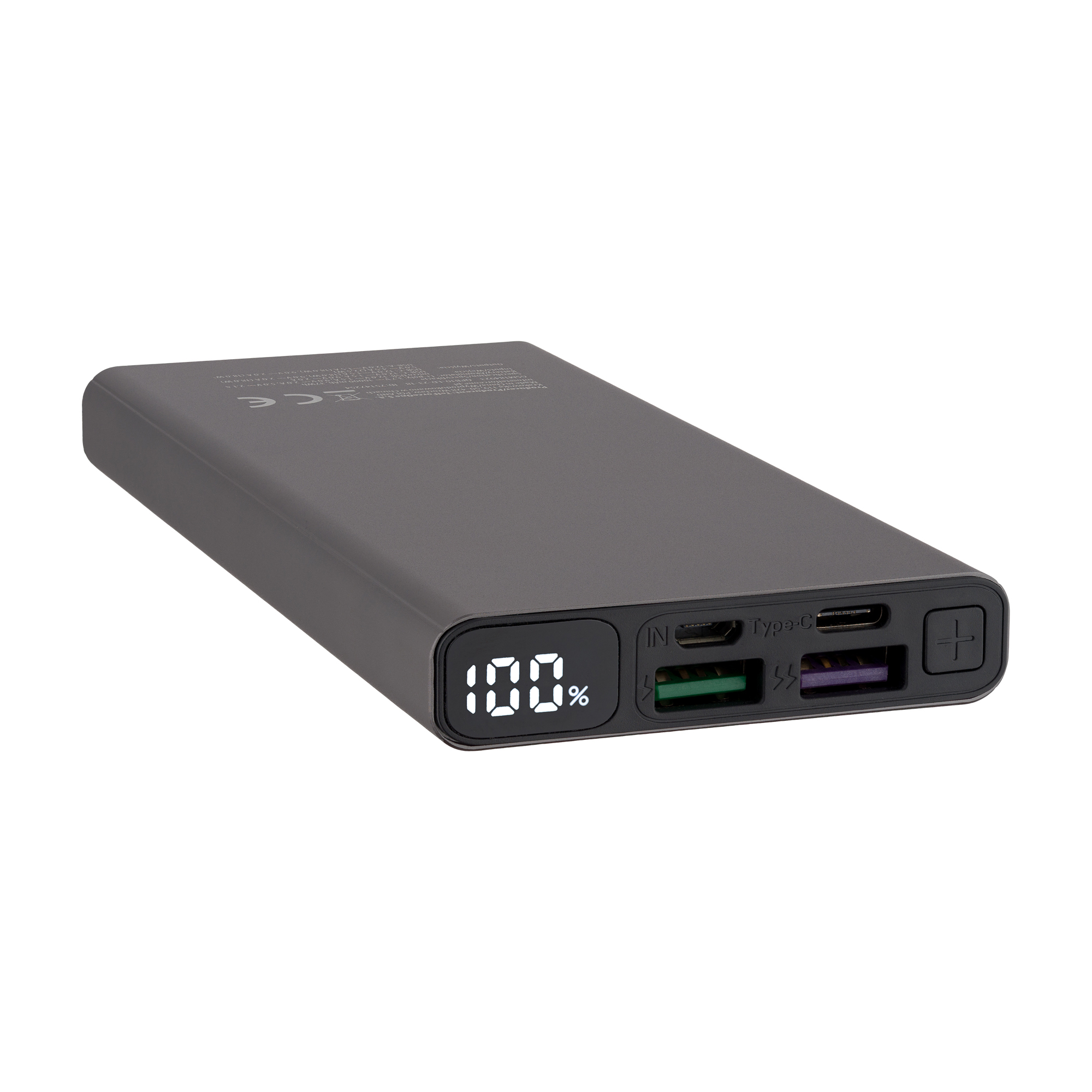 Szary power bank z ekranem pokazującym 100%. Posiada różne porty i przyciski.