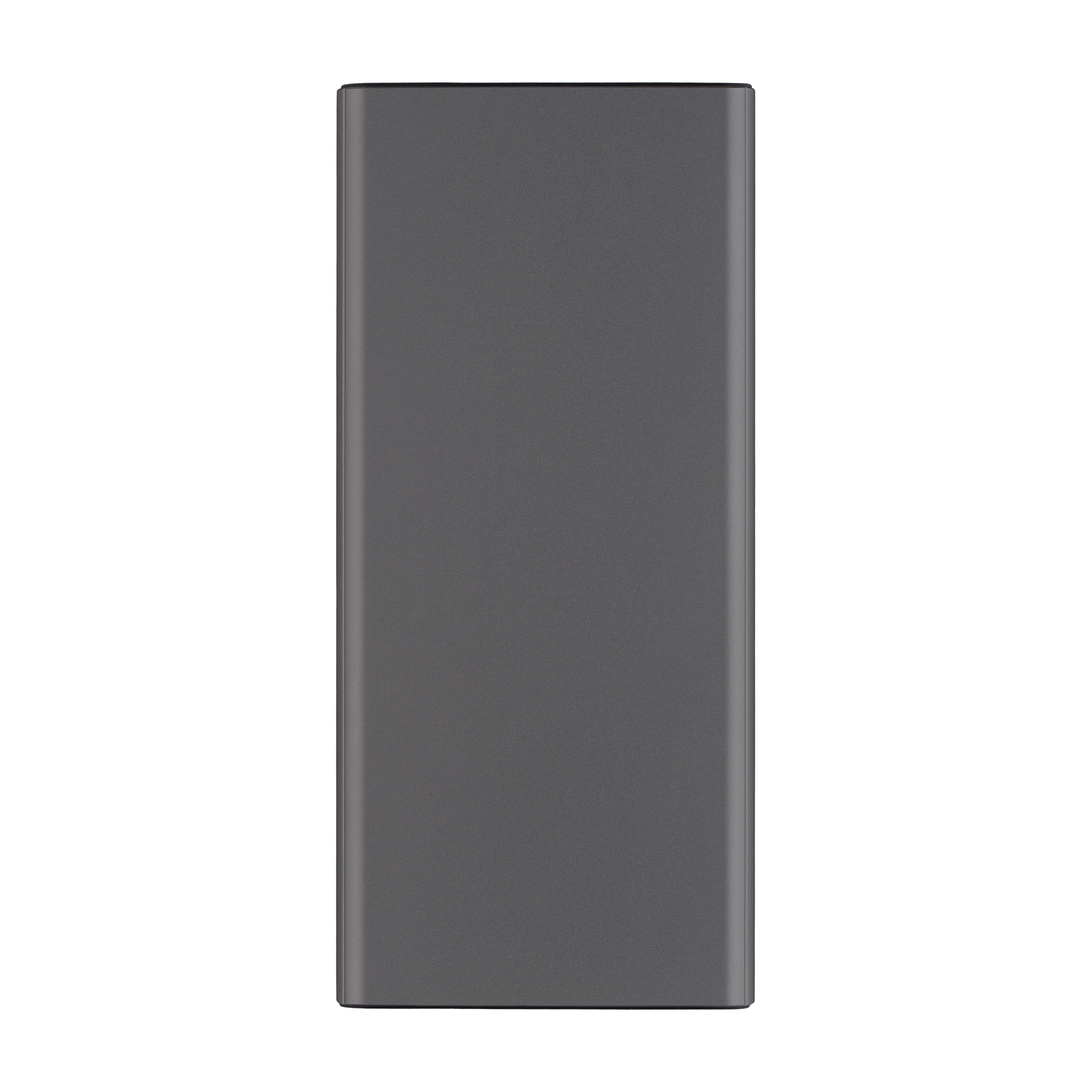 Ciemnoszary power bank. To prosty, prostokątny design.