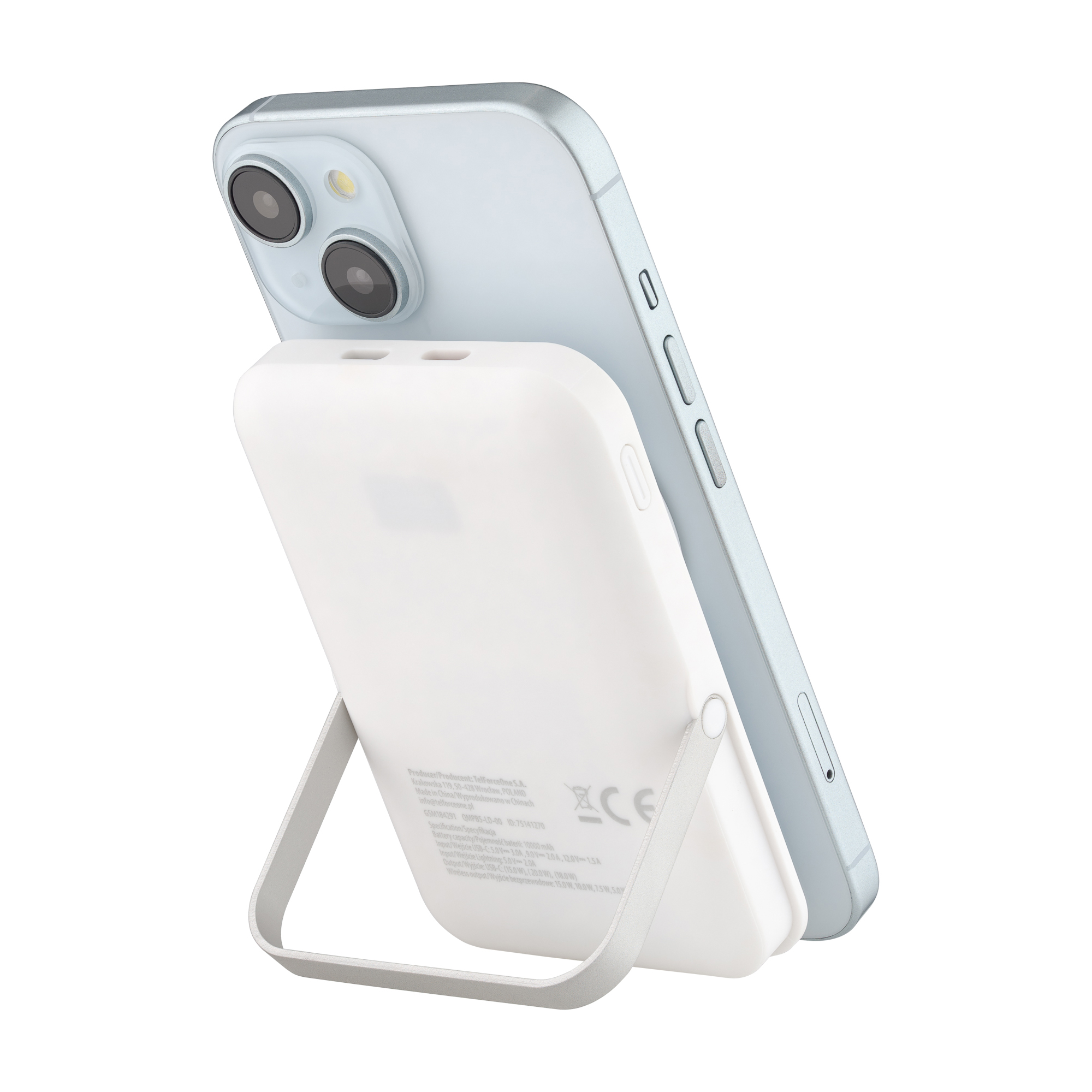 Biały power bank z telefonem na górze. Telefon jest błękitny.