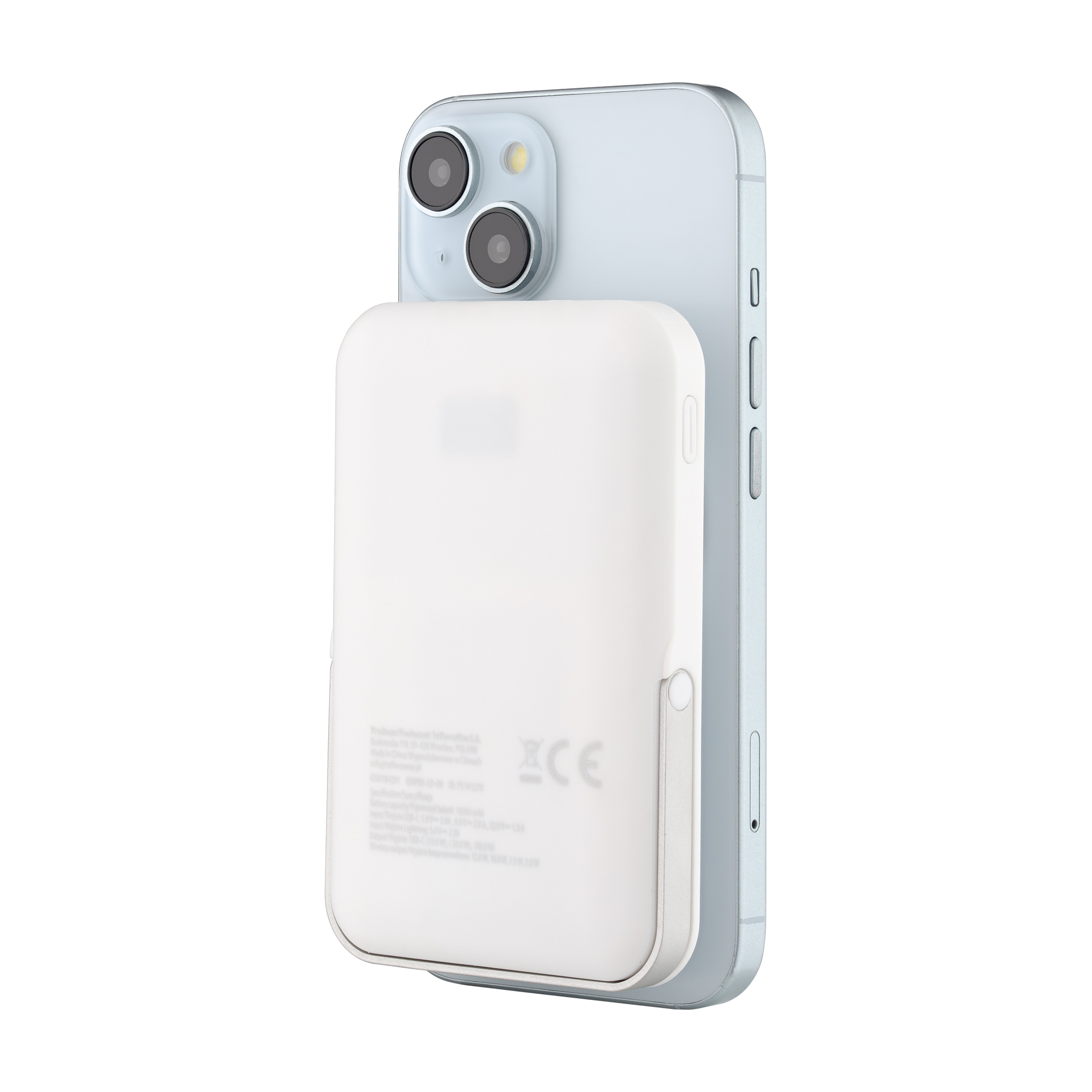 Biała przenośna ładowarka przymocowana do jasnoniebieskiego telefonu. Ładowarka ma białą etykietę.