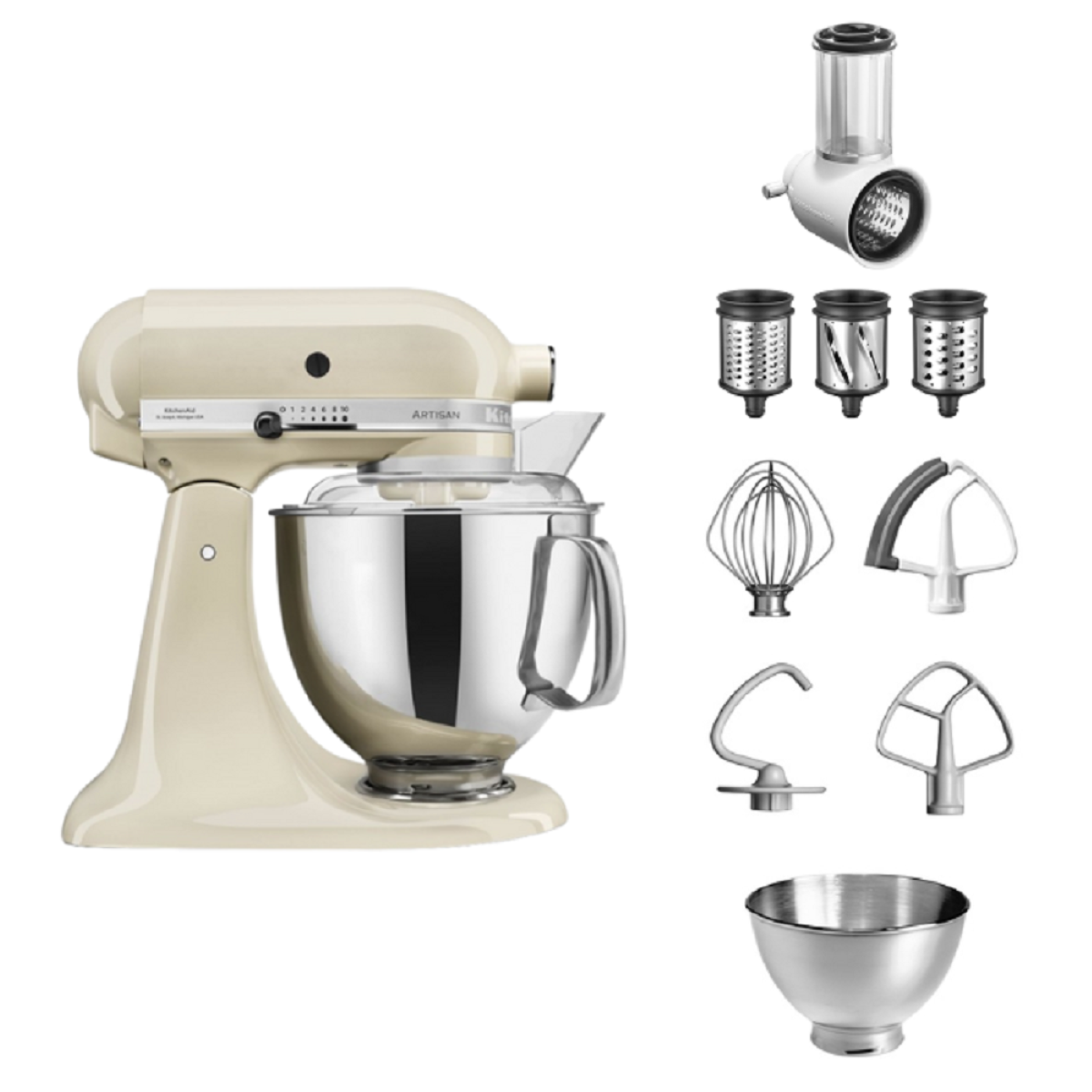 Cremefarbener KitchenAid-Küchenmixer mit Aufsätzen. Enthält eine Schüssel und Zubehör.