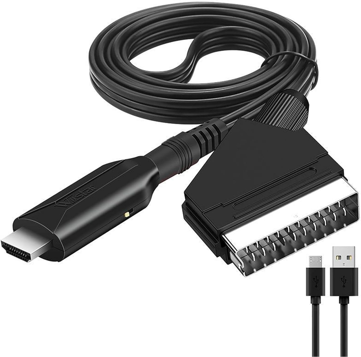 Schwarzes HDMI-zu-SCART-Kabel mit USB-Kabeln.