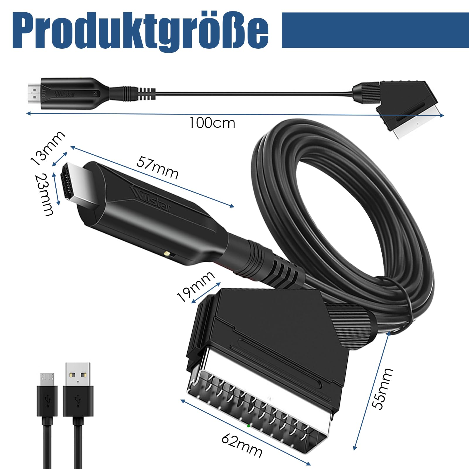 Ein schwarzes Kabel mit USB- und SCART-Anschluss. Abmessungen des Kabels sind gezeigt.