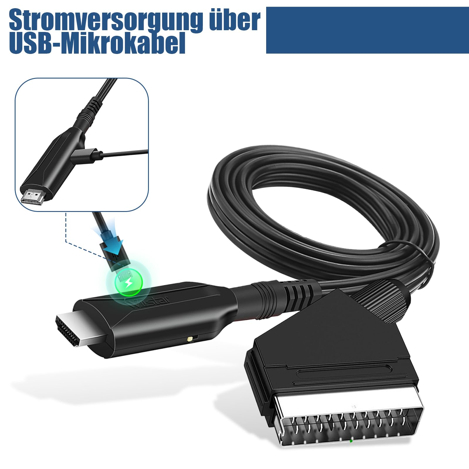 USB-Micro-Kabel mit schwarzem SCART-Adapter. Das Bild hat Text auf Deutsch.
