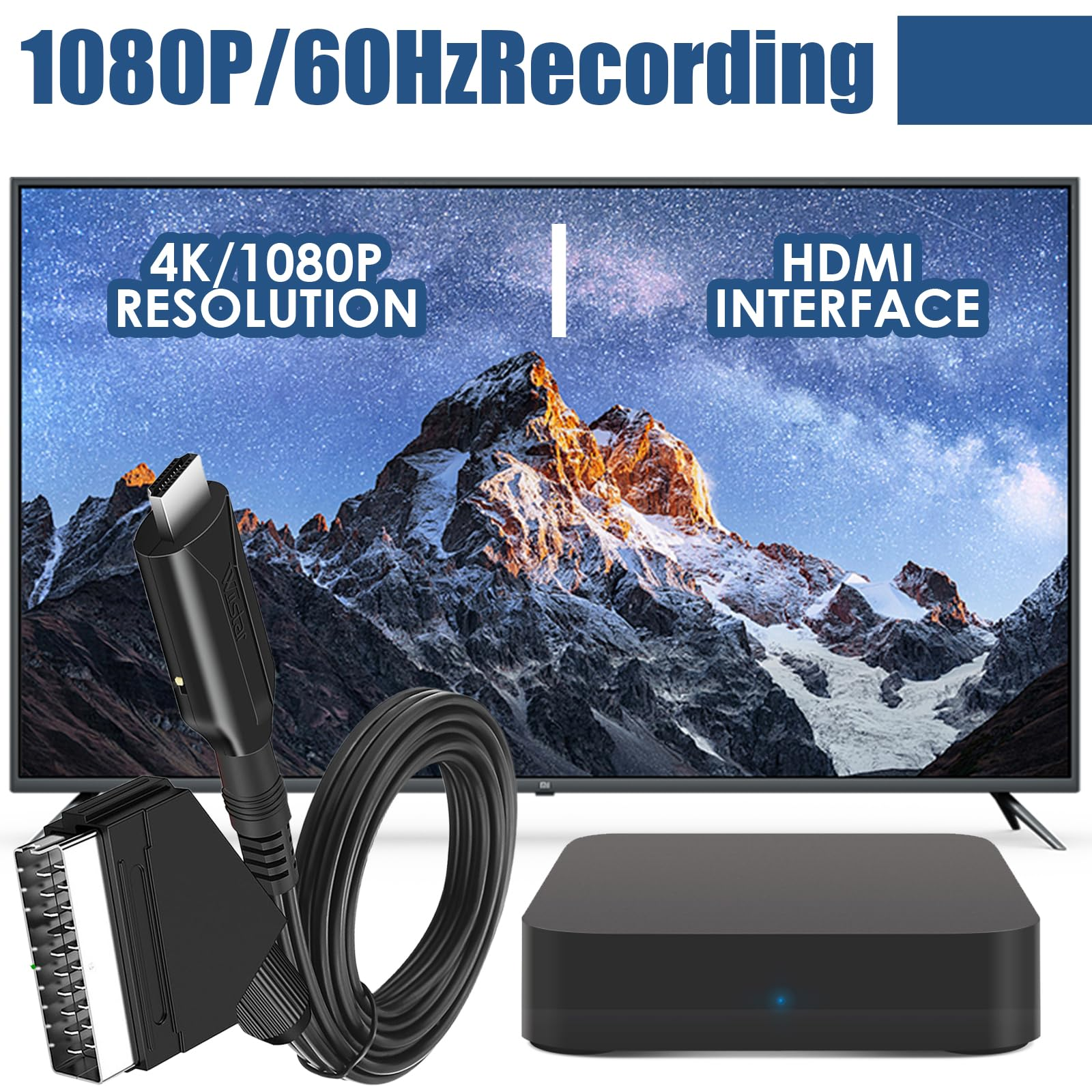 Fernseher mit 4K/1080 Auflösung, verbunden mit Geräten über ein Kabel und eine schwarze Box.