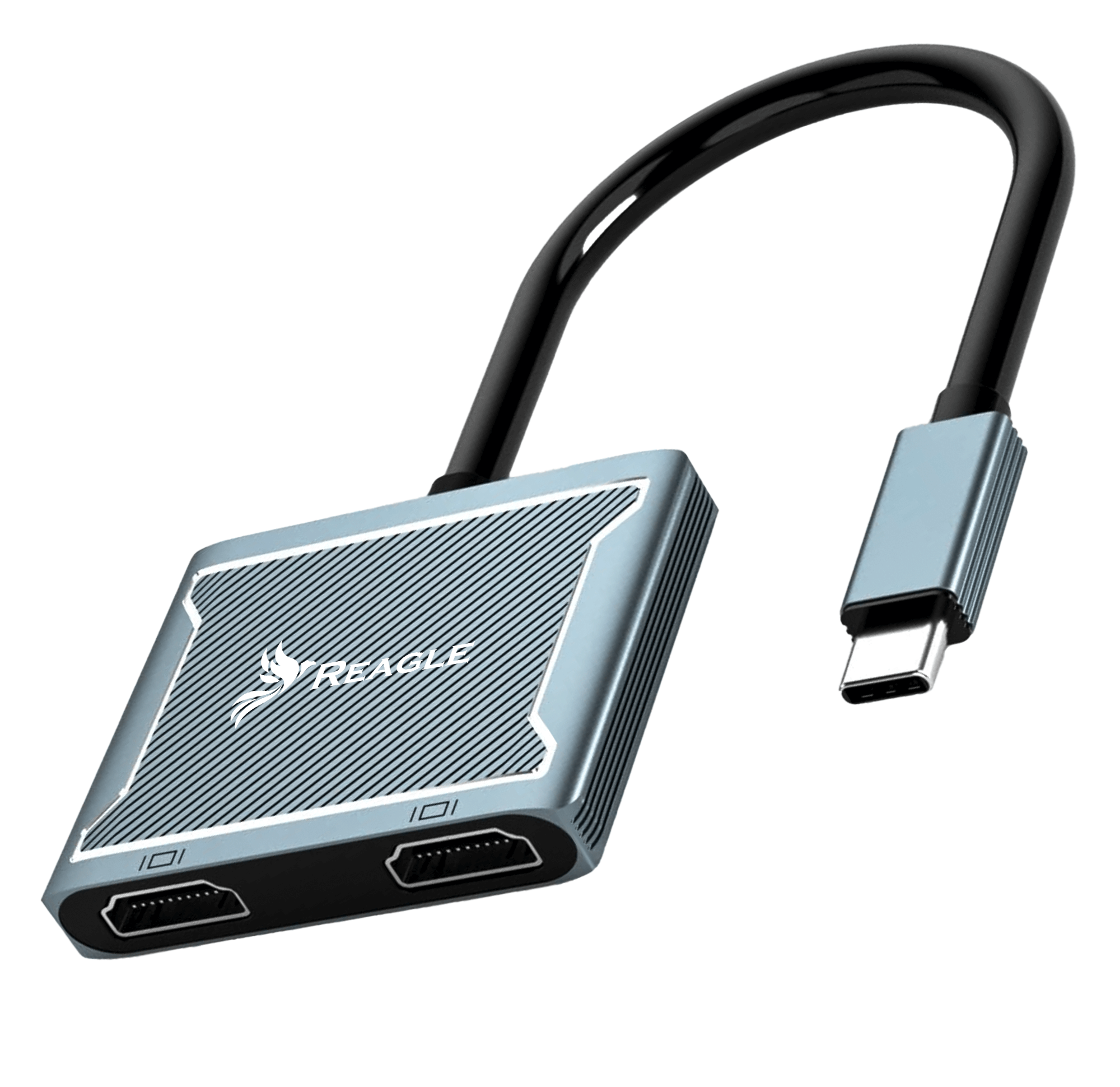 Un adattatore USB-C a HDMI argento e nero con un cavo nero.