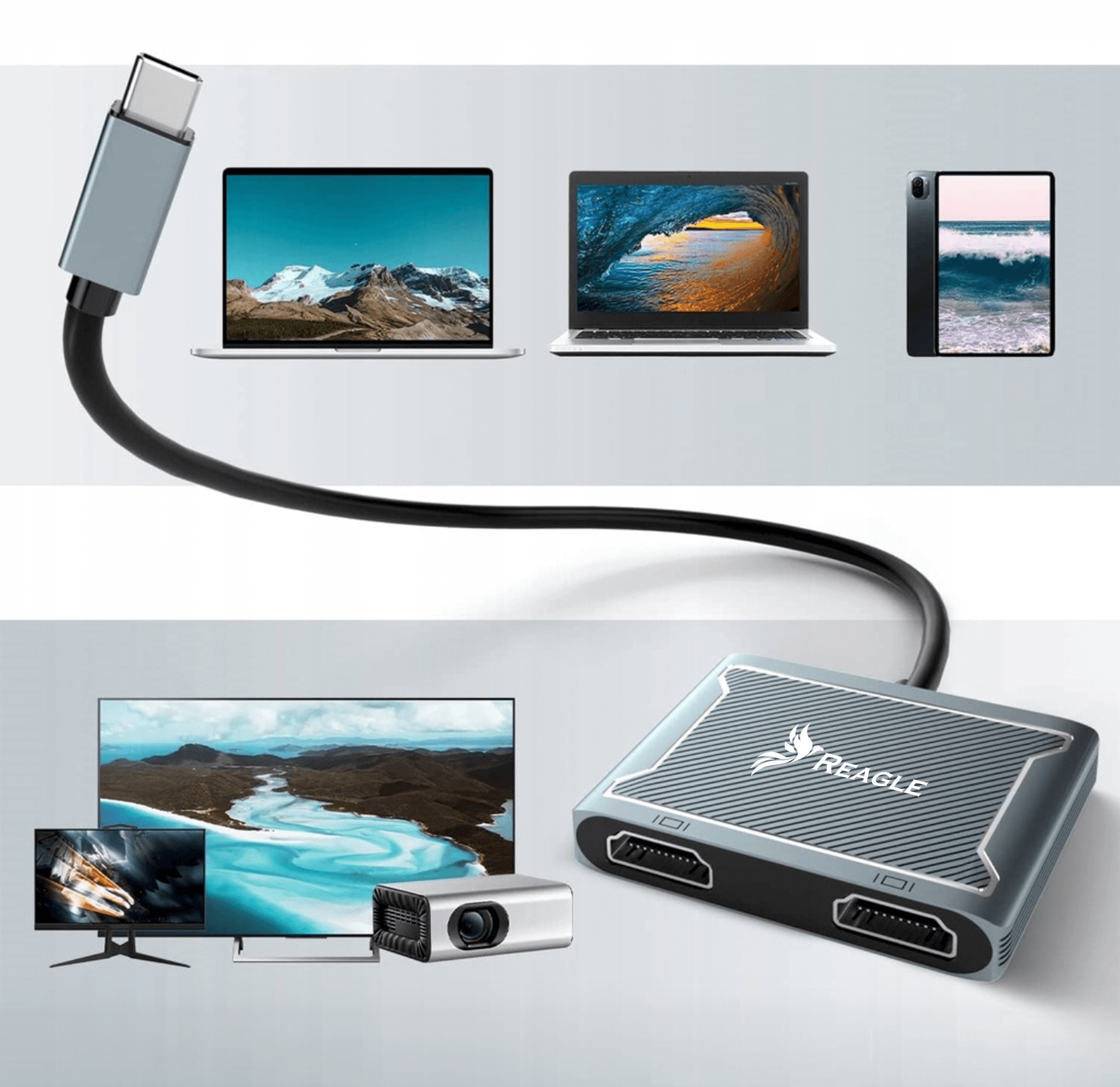 Un hub argentato con cavo è collegato a laptop, tablet e proiettore.