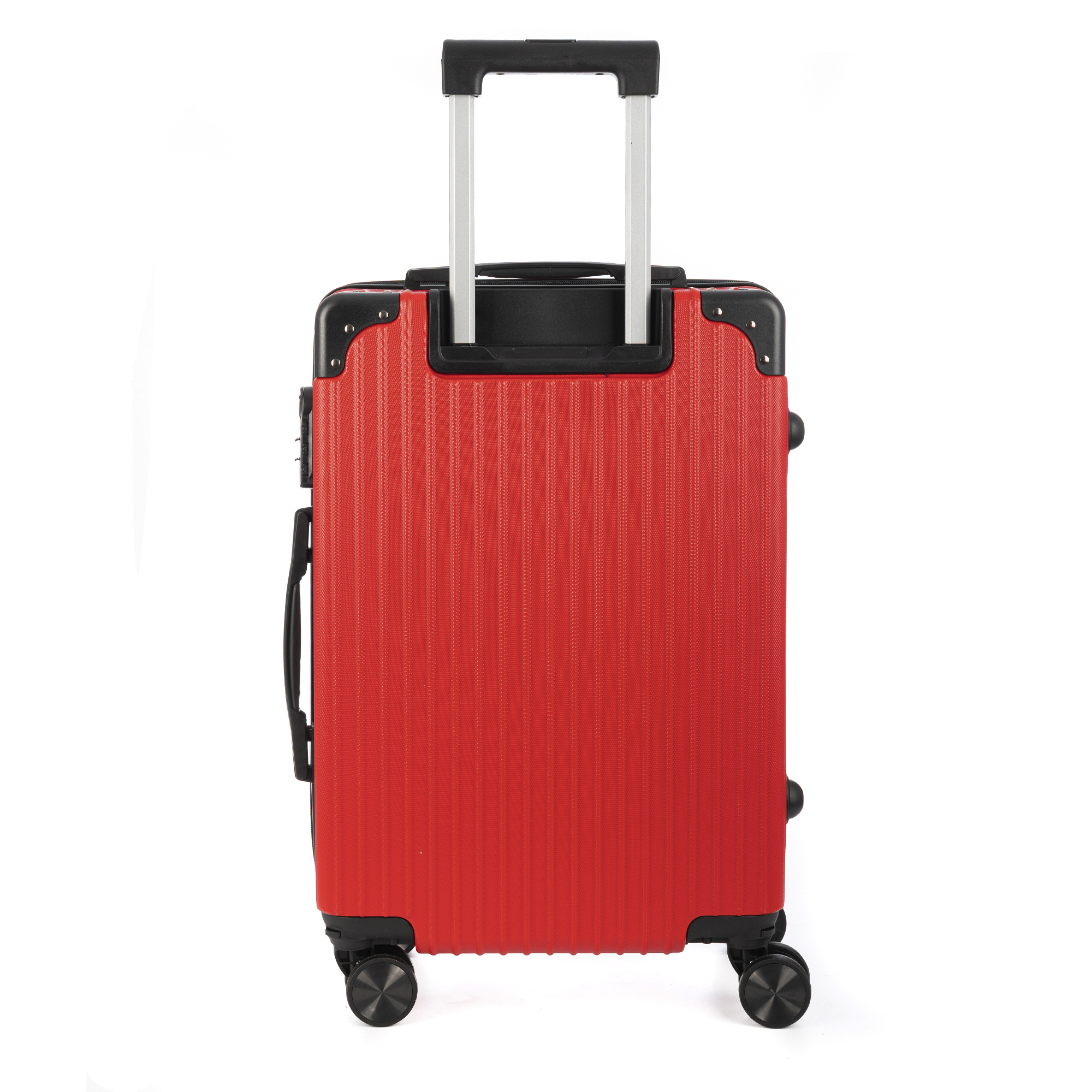 Maleta roja con ruedas con detalles negros y asa retráctil.