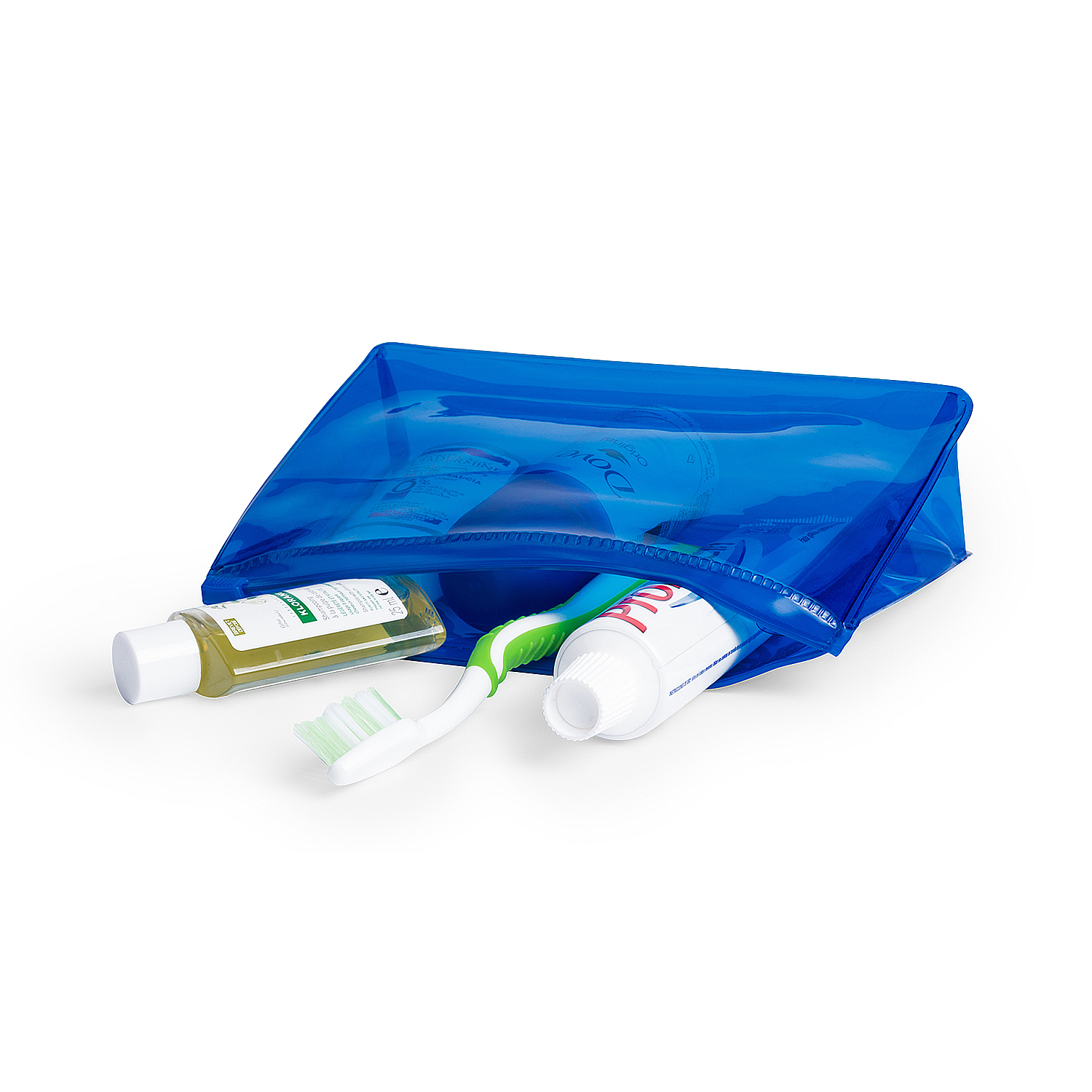 Blaue, transparente Kulturtasche mit Toilettenartikeln in Reisegröße.