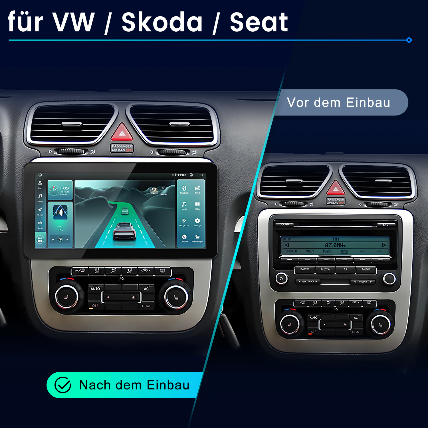 Deska rozdzielcza samochodu z radiem przed i po instalacji nowego systemu infotainment.