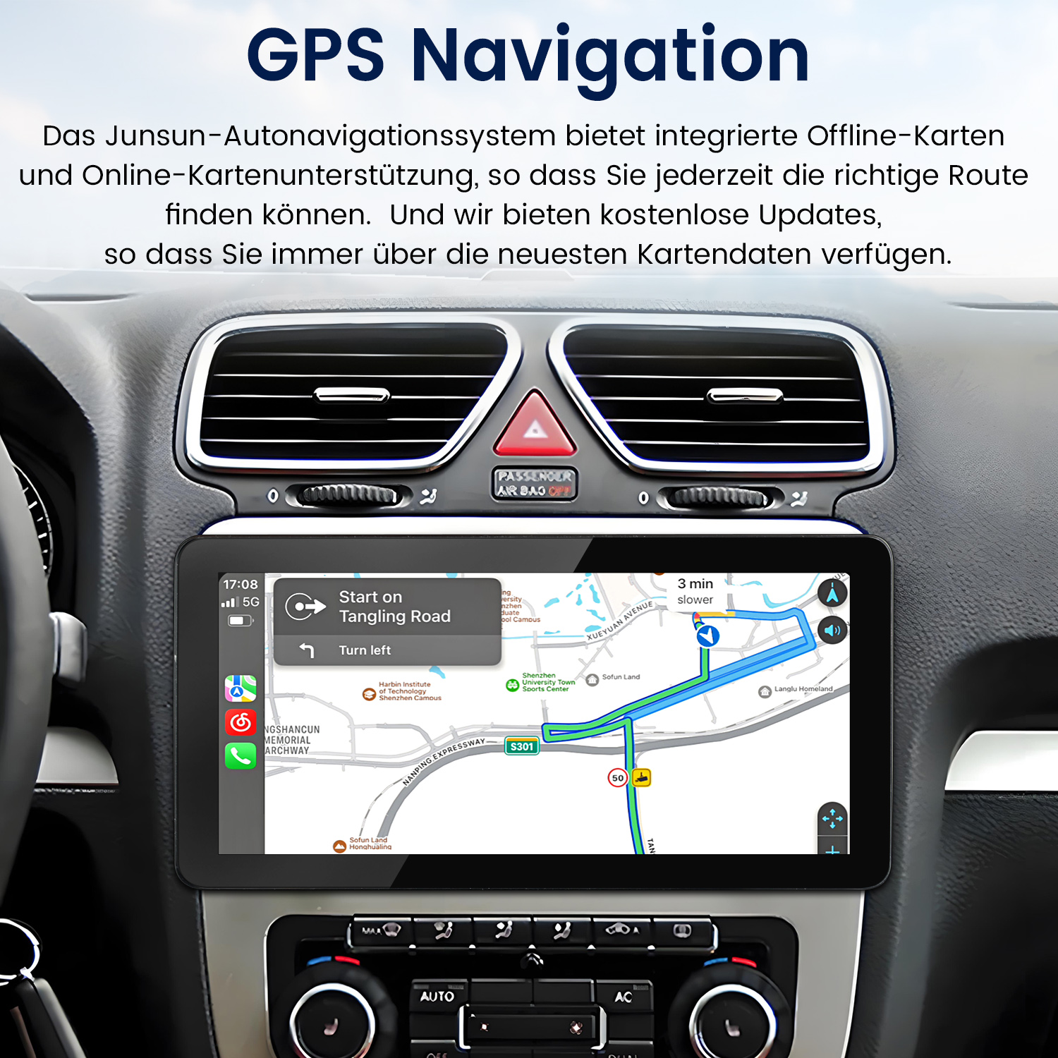 Deska rozdzielcza samochodu z ekranem nawigacji GPS pokazującym mapę i prowadzenie po trasie.