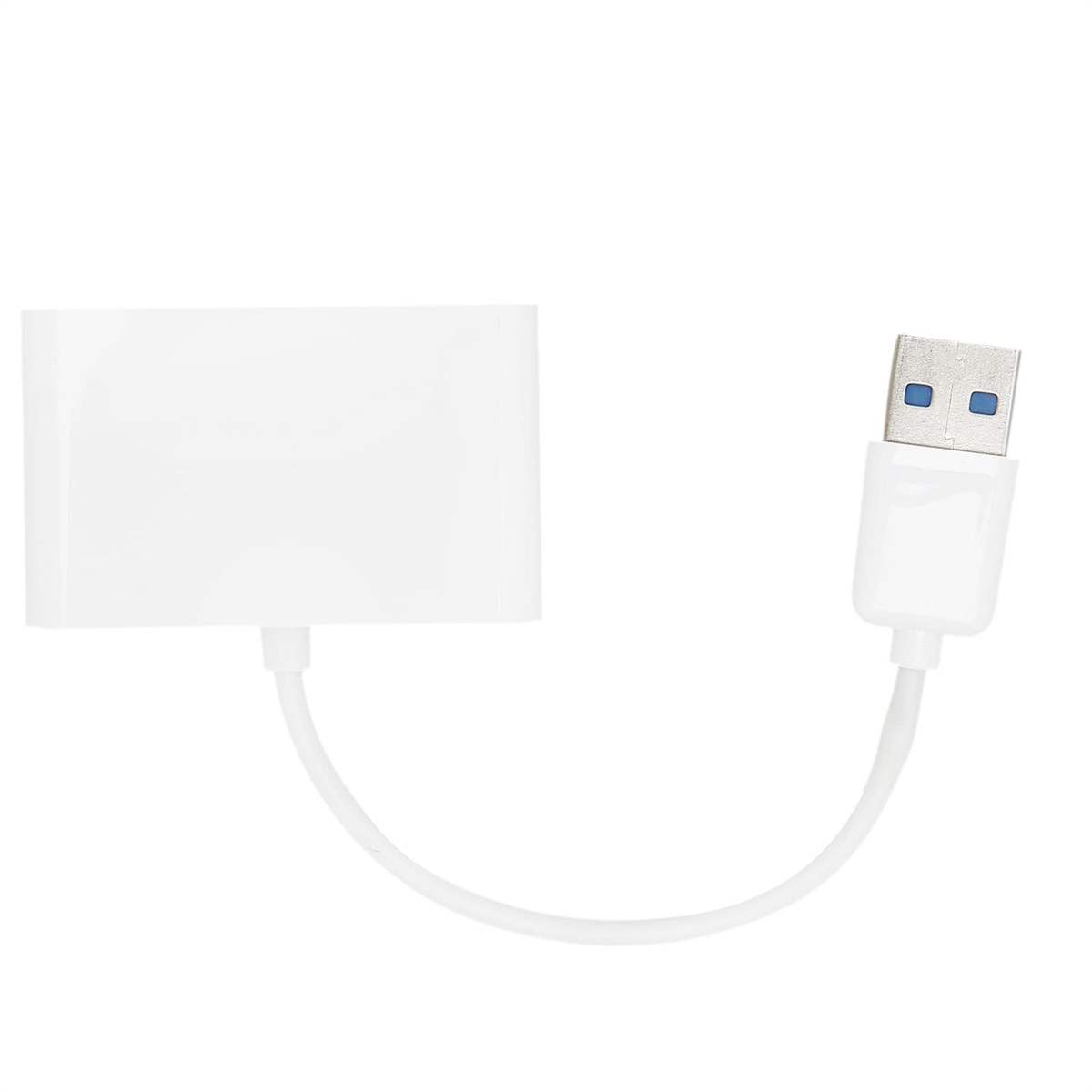 Weißer USB-Adapter mit Kabel. Der Adapter ist rechteckig, USB-Anschluss blau.