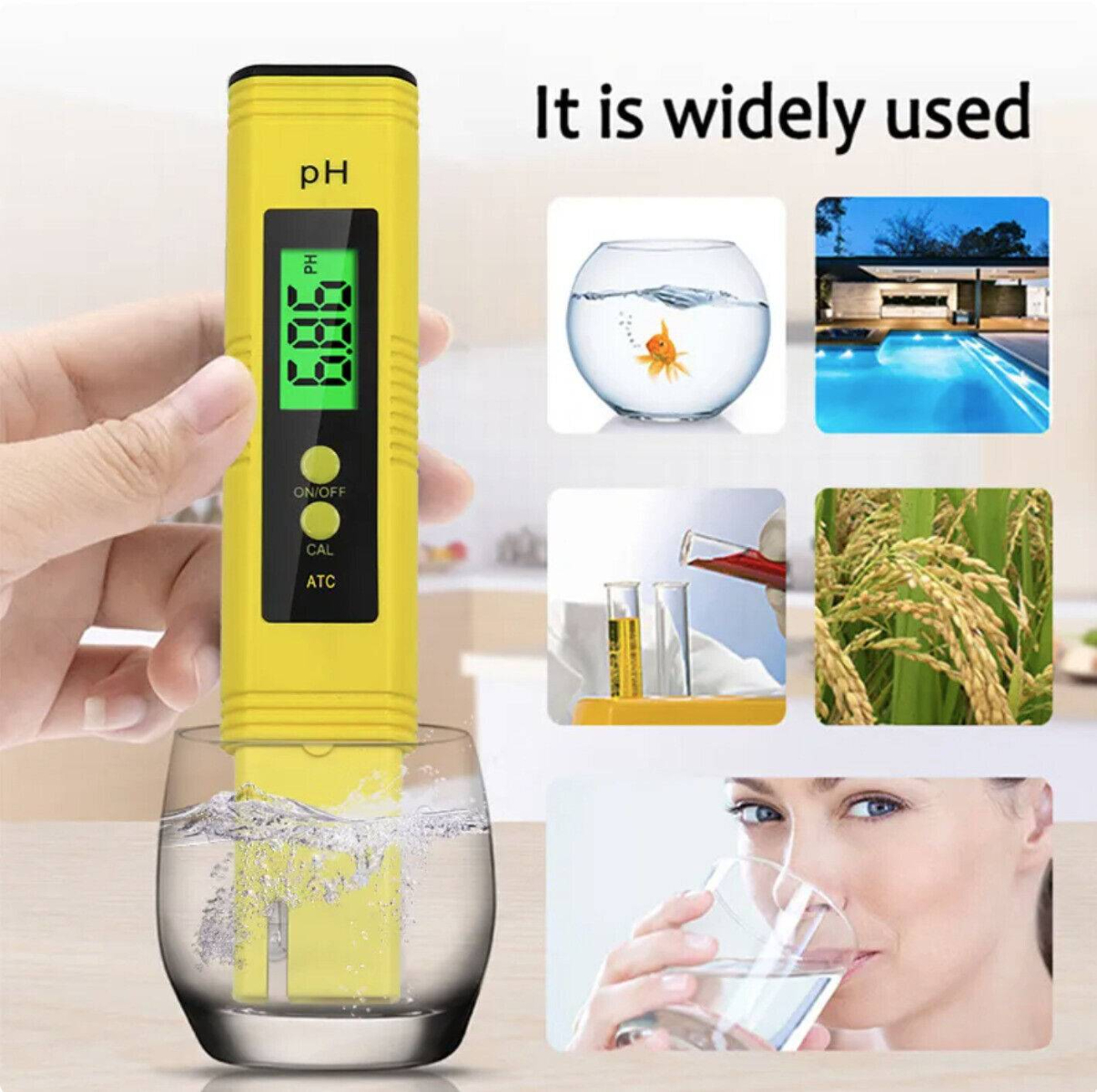 Ein gelbes pH-Messgerät in einem Glas Wasser mit einer Anzeige auf dem Bildschirm.