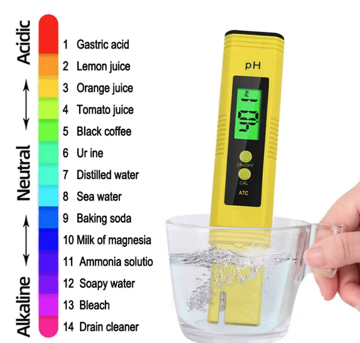 pH-Meter in Wasser, neben Skala für saure, neutrale und alkalische Substanzen.