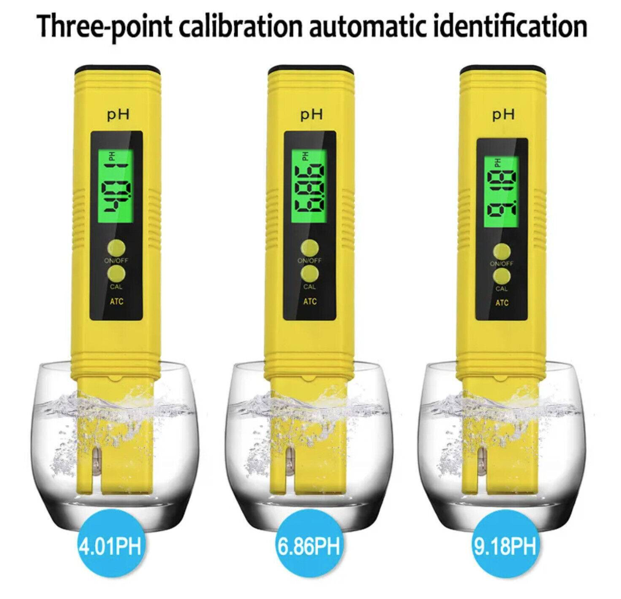 Drei gelbe pH-Meter in Wassergläsern, die unterschiedliche pH-Werte anzeigen. Anzeigen lesen 4,01, 6,86 und 9,18.