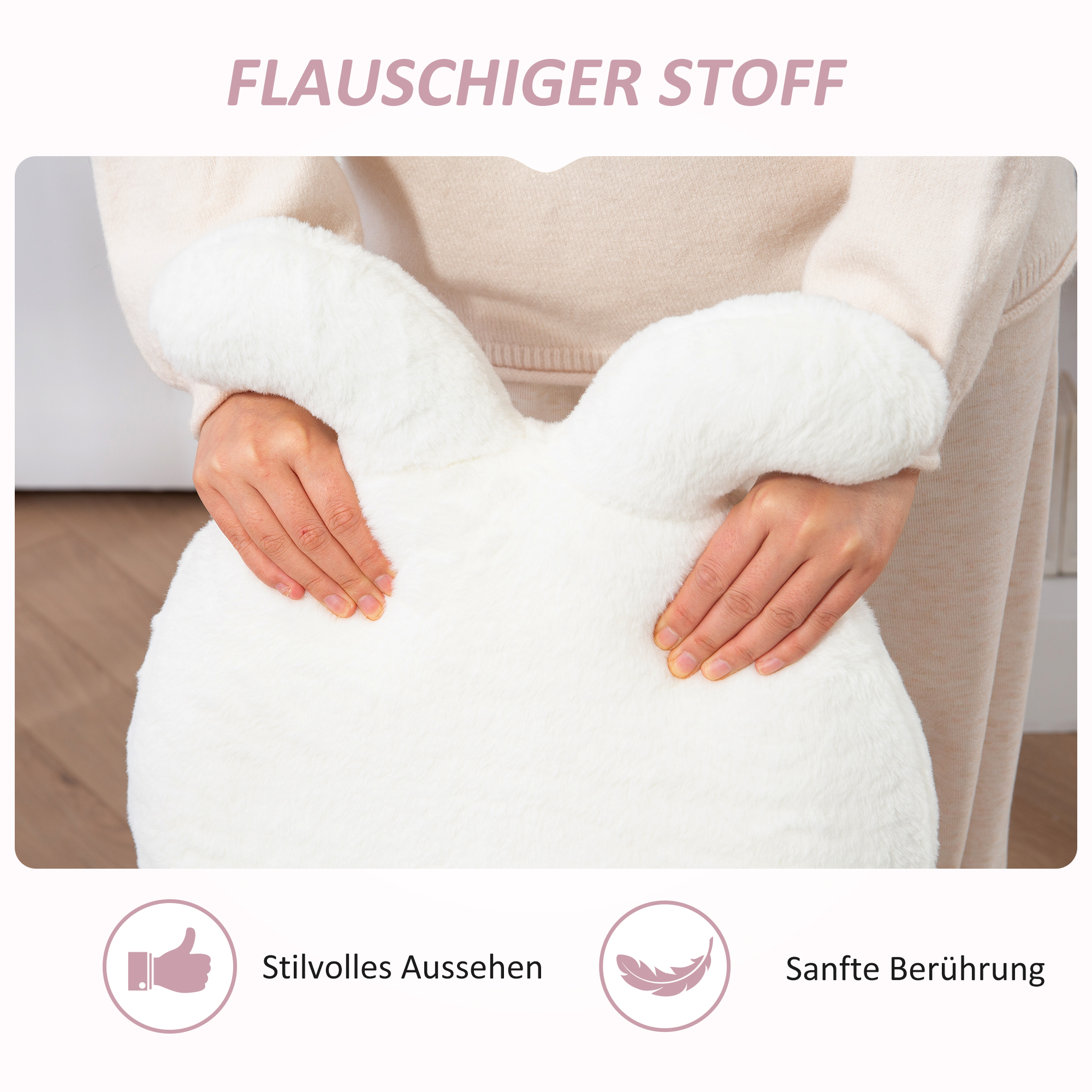 Eine Person hält ein weißes, flauschiges Hasenkissen. Das Kissen hat eine Hasenform. Der Text lautet "FLAUSCHIGER STOFF".