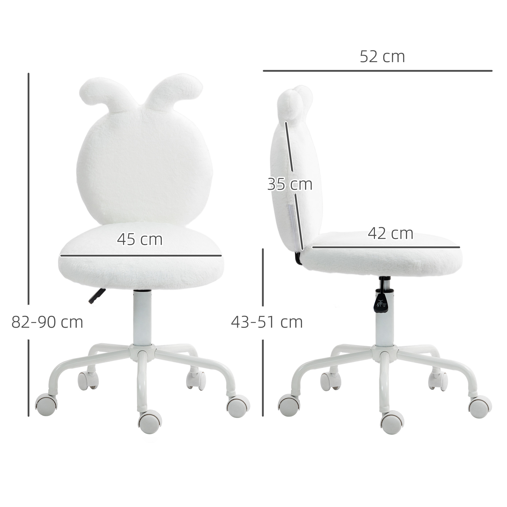 Zwei weiße Stühle mit Hasenohren und Maßangaben in Zentimetern. Sie stehen auf Rädern.
