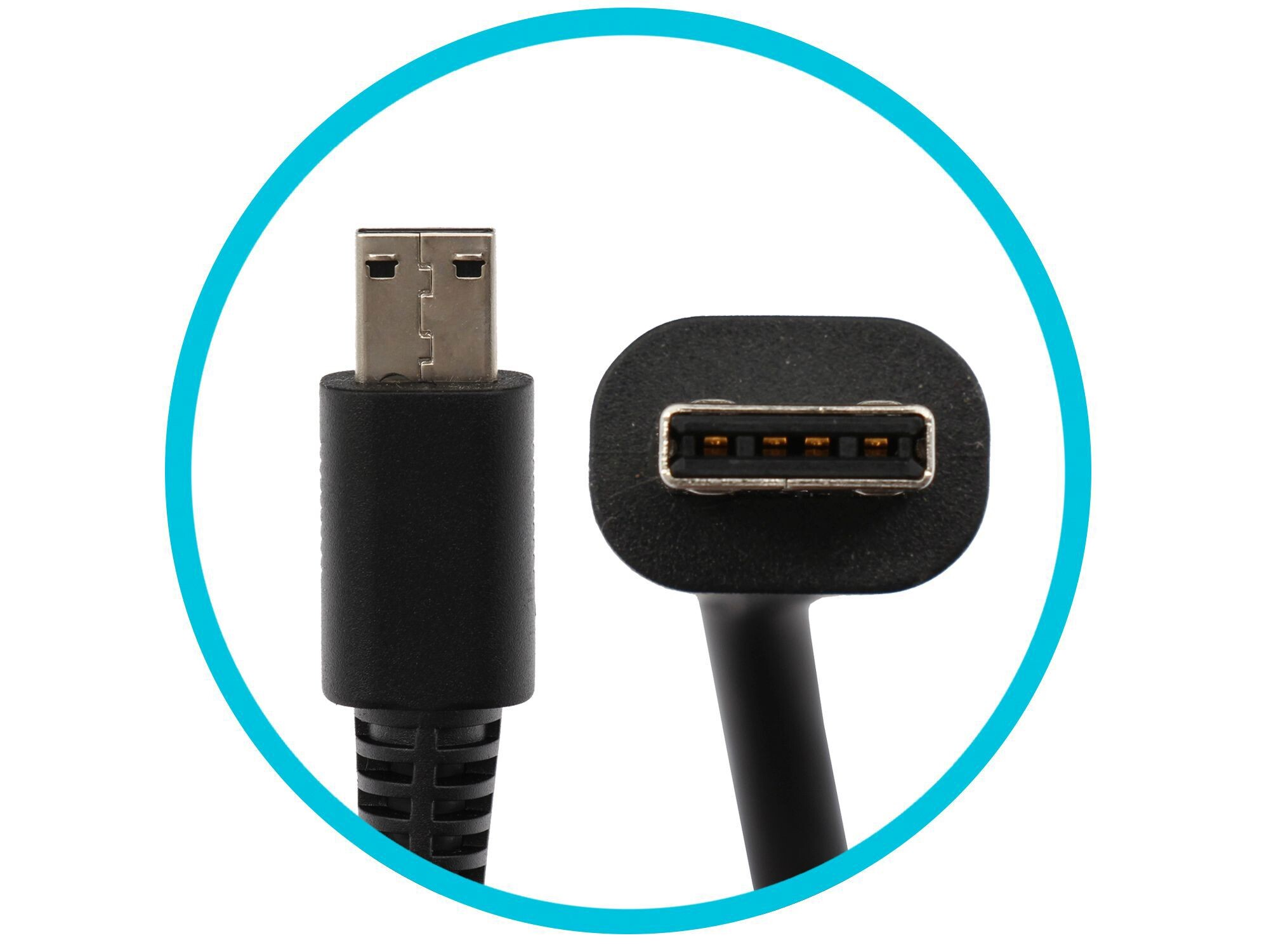 Nahaufnahme von zwei schwarzen USB-Anschlüssen, nebeneinander, in einem blauen Kreis.