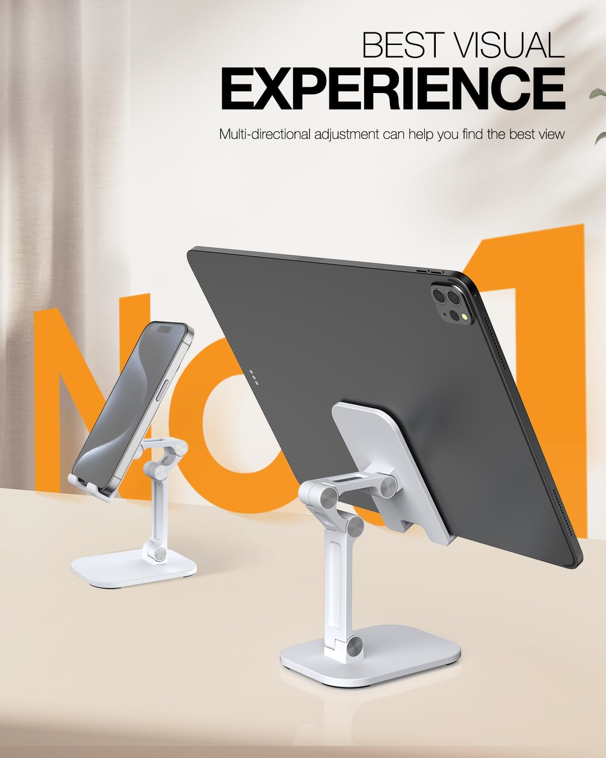 Zwei Telefonständer mit Tablet und Telefon, die das beste visuelle Erlebnis mit Mehrfacheinstellung bewerben.
