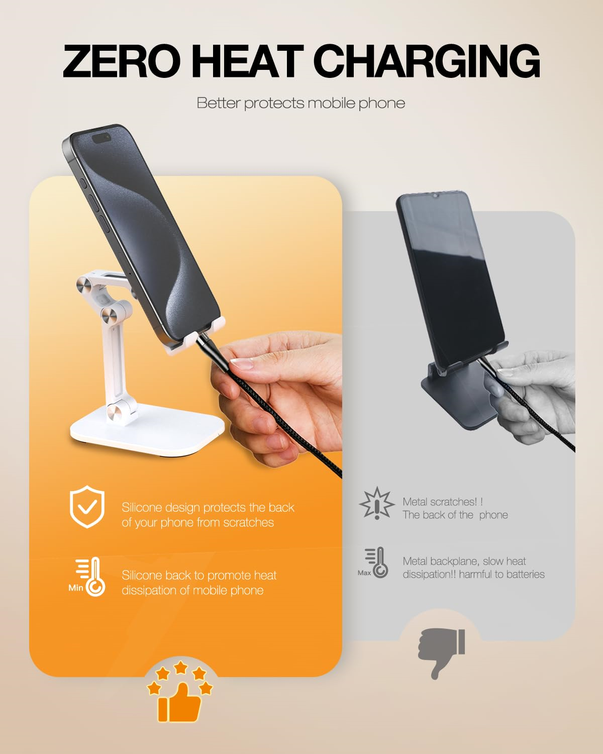 Telefon-Ladeständer mit Telefon, Text: ZERO HEAT CHARGING und Icons.