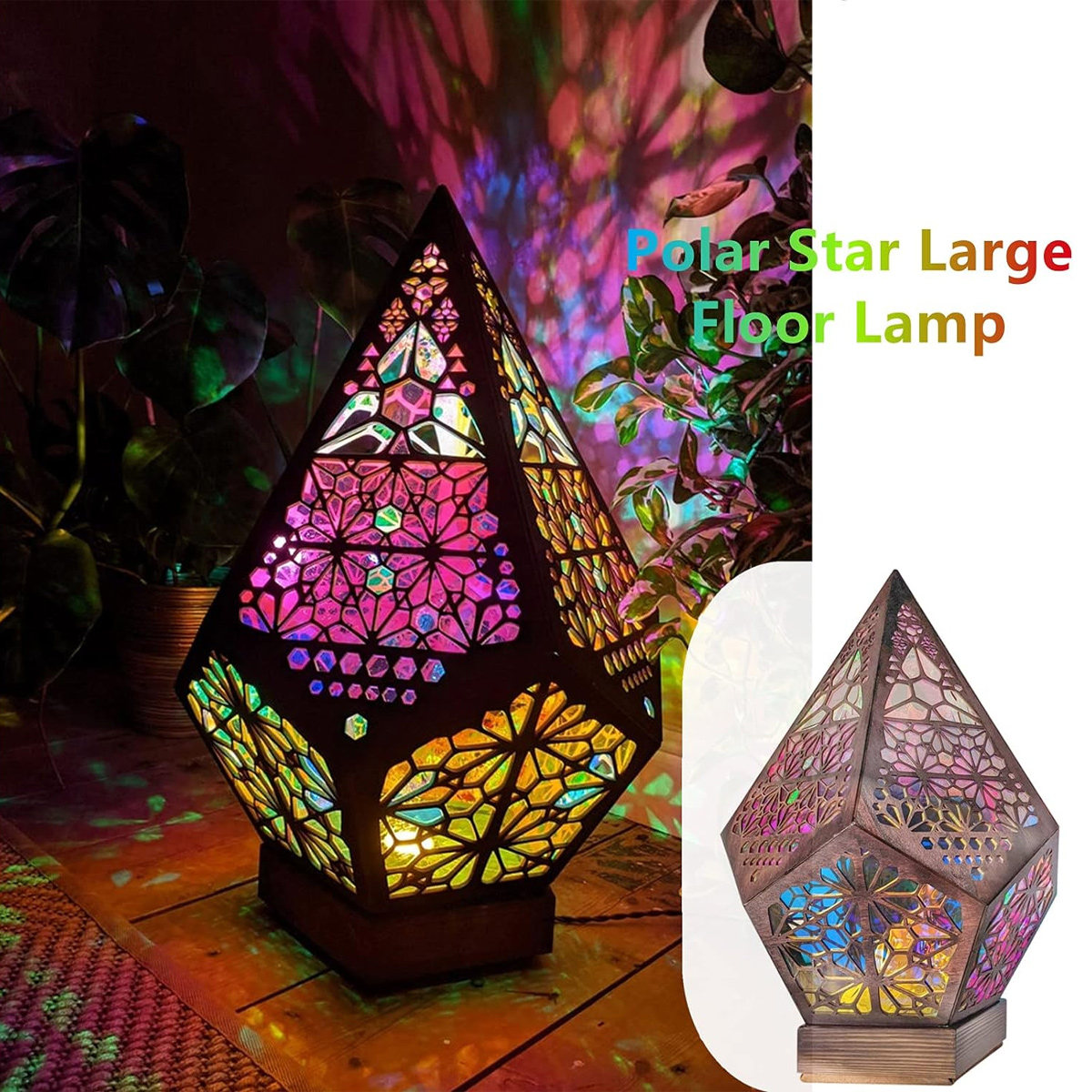 Eine dekorative Stehlampe mit geometrischem Design. Die Lampe wirft farbenfrohes Licht auf die Umgebung.