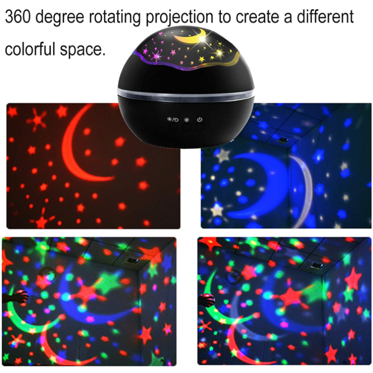 Ein schwarzer Sternprojektor mit sternförmigen Lichtprojektionen an Wänden, in verschiedenen Farben.