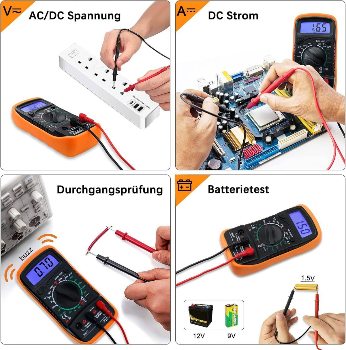 Multimeter zeigt AC/DC-Spannung, DC-Strom, Durchgangsprüfung und Batterietest.
