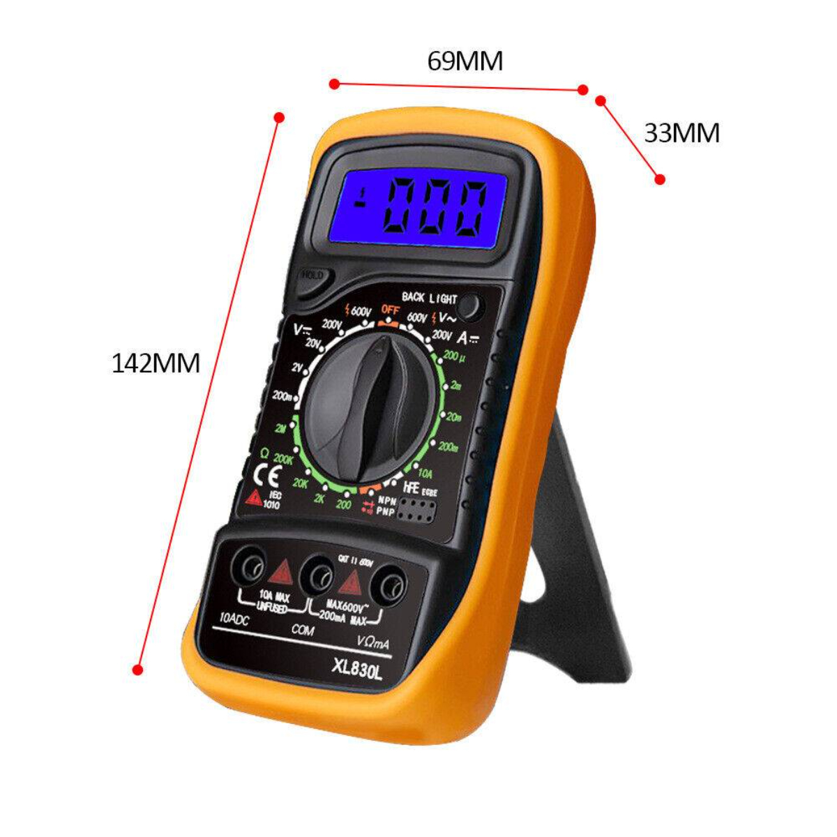 Multimeter mit Messungen, Drehregler und Abmessungen in mm.