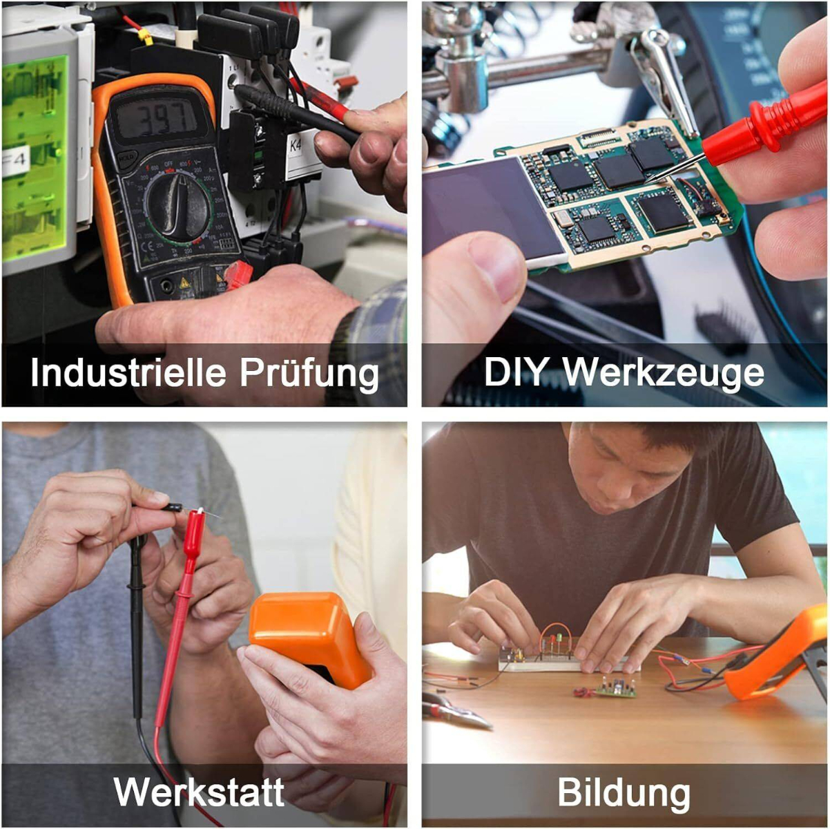Vier Bilder mit industrieller Prüfung, DIY-Werkzeugen, Werkstatt und Bildung.