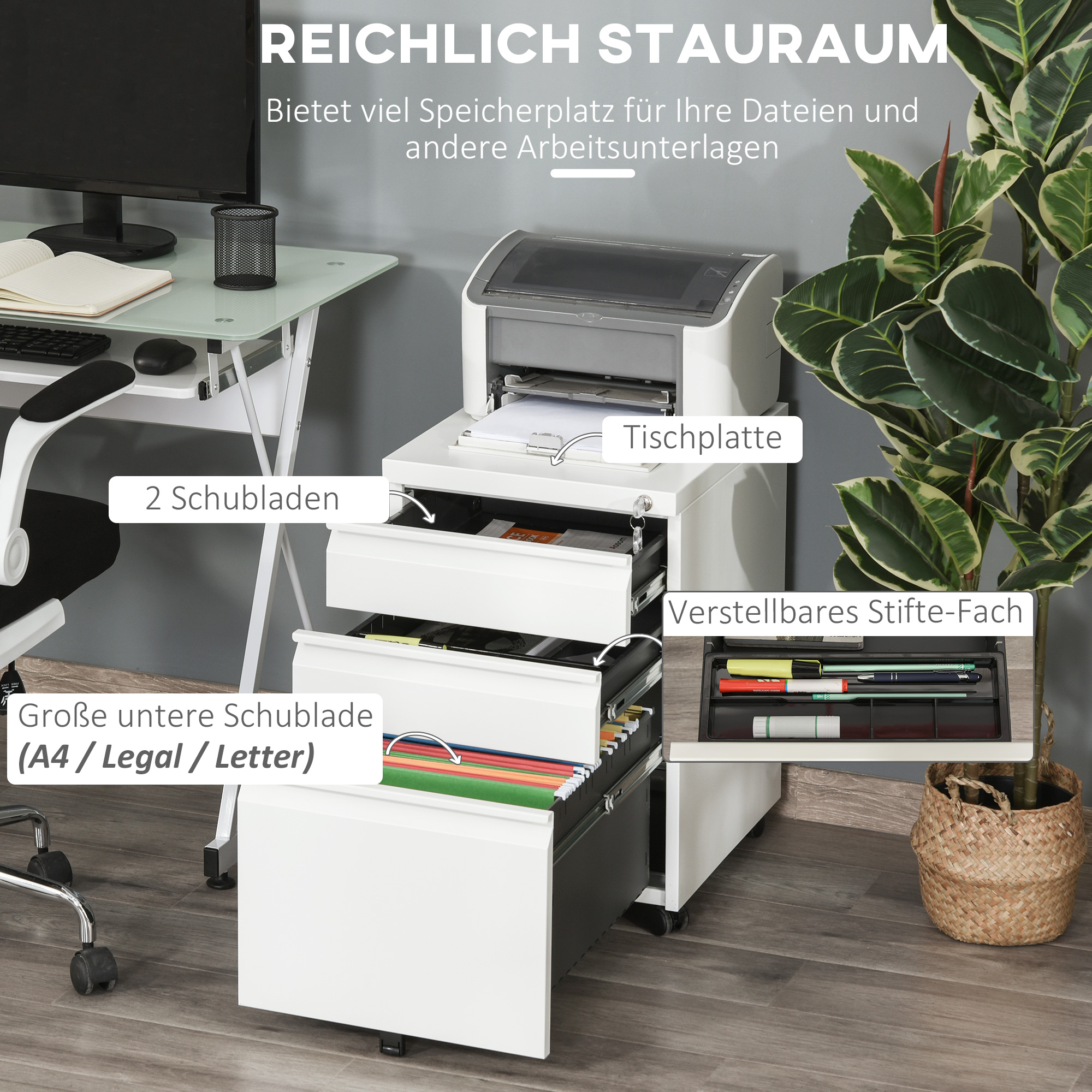 Ein weißer Büroschrank mit Schubladen und einem Drucker. Rechts vom Schrank steht eine Pflanze.