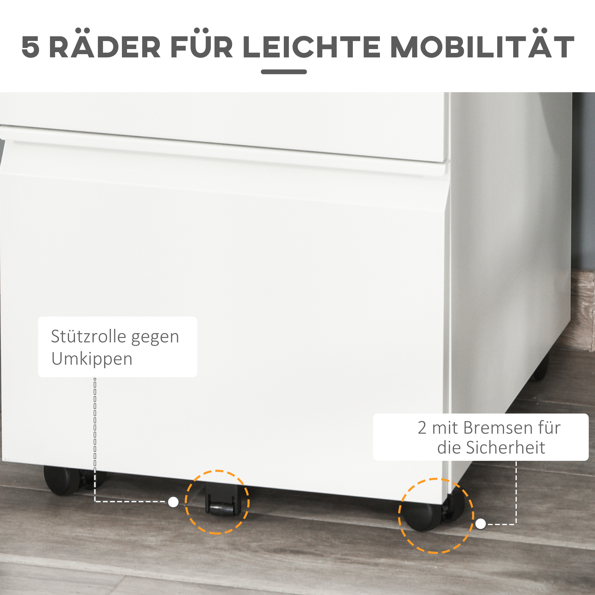 Weißer Schrank mit 5 Rädern, Textbeschriftung. Zwei Räder mit Bremsen für die Sicherheit.