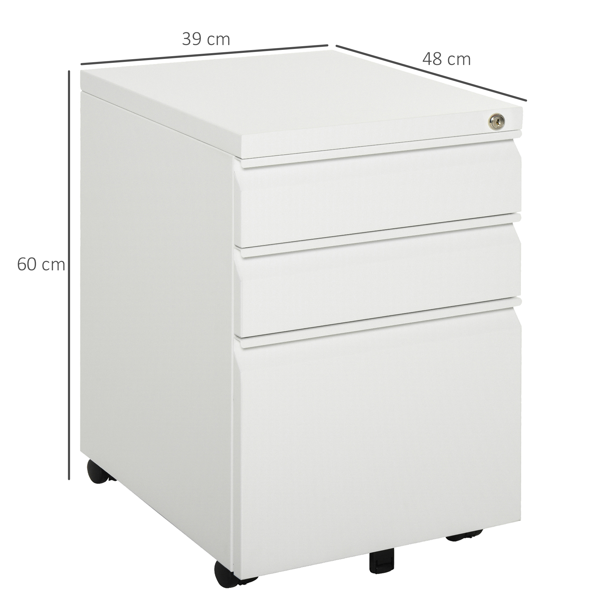 Weißer Aktenschrank mit drei Schubladen, Maße beschriftet, auf weißem Hintergrund mit schwarzen Rollen.