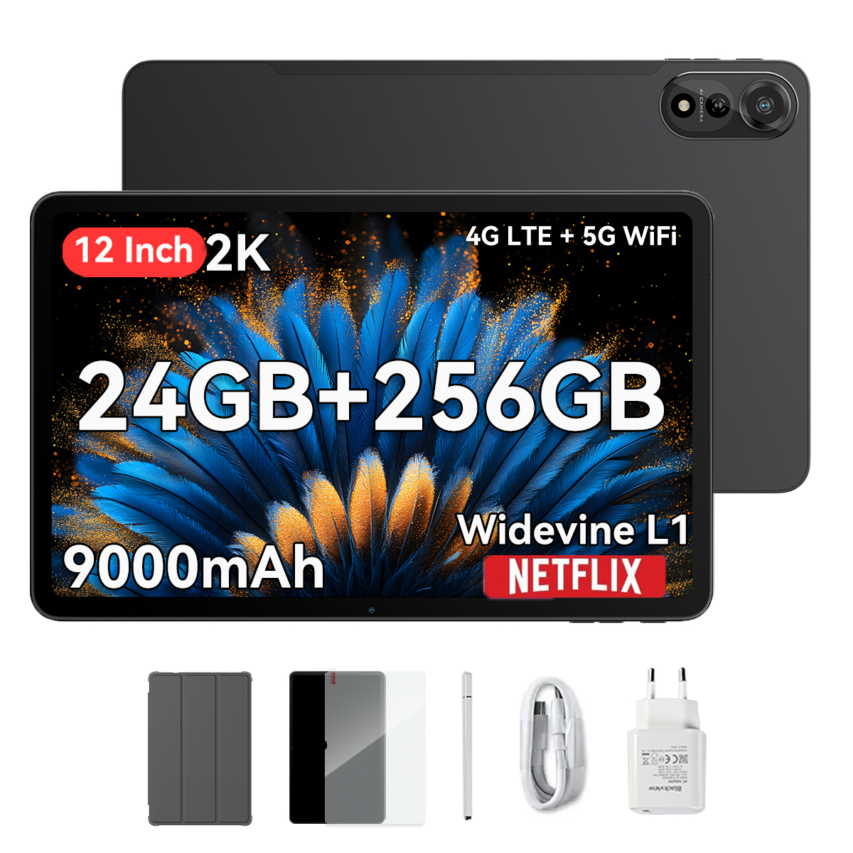 Tablet nero con schermo dal design blu e accessori come stilo, caricabatterie e custodia.