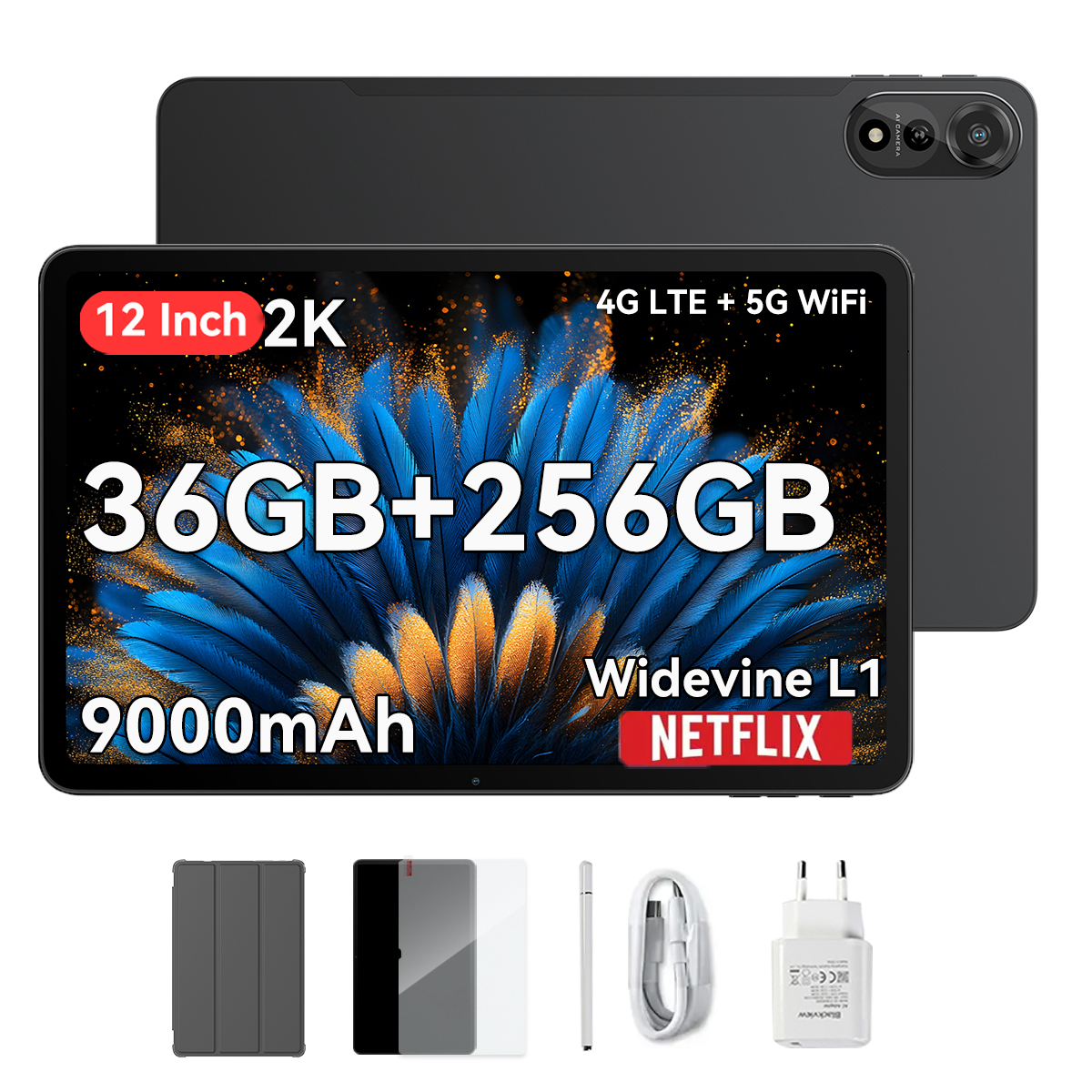 Un tablet con uno schermo che mostra un'immagine e altri accessori. Colore nero.