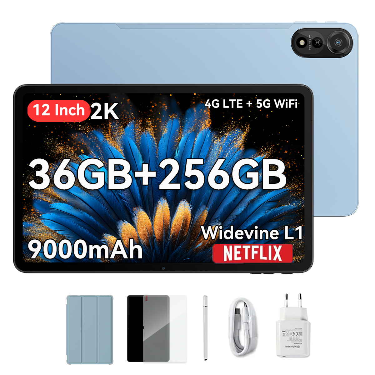 Un tablet blu con un grande schermo che mostra testo, con accessori come una custodia e un caricabatterie.