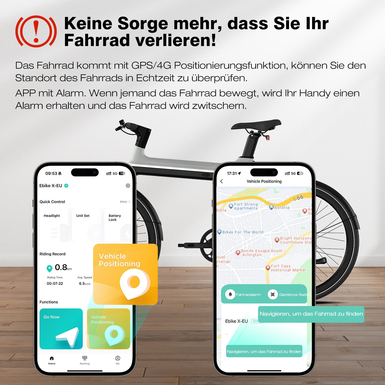 Zwei Smartphones mit Fahrrad, App-Anzeige mit Karte und Informationen.