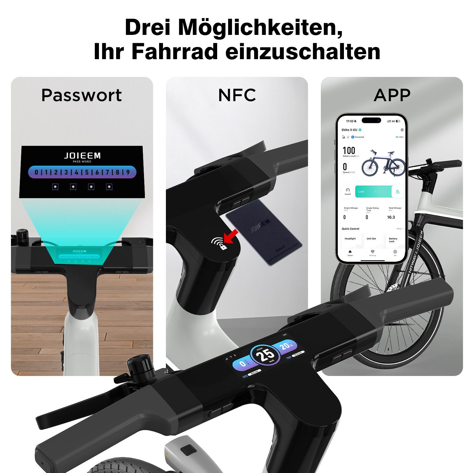 Fahrrad-Bedienfeld. Passwort-, NFC- und App-Optionen werden angezeigt. Ein Fahrrad und Bildschirm sind zu sehen.