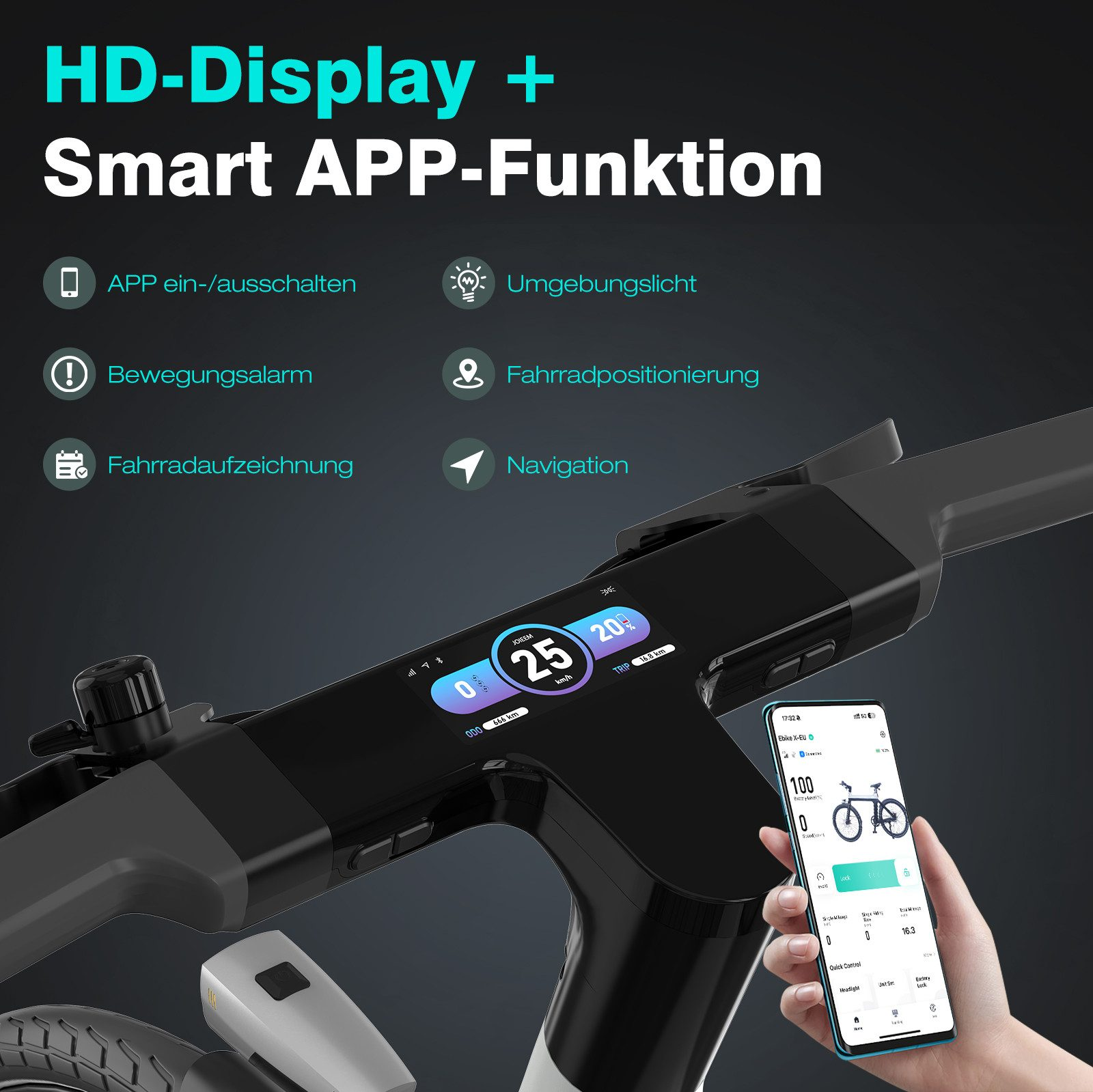 Roller-Display mit Informationen. Zeigt Geschwindigkeit, Akku und Navigation auf einem Bildschirm an.
