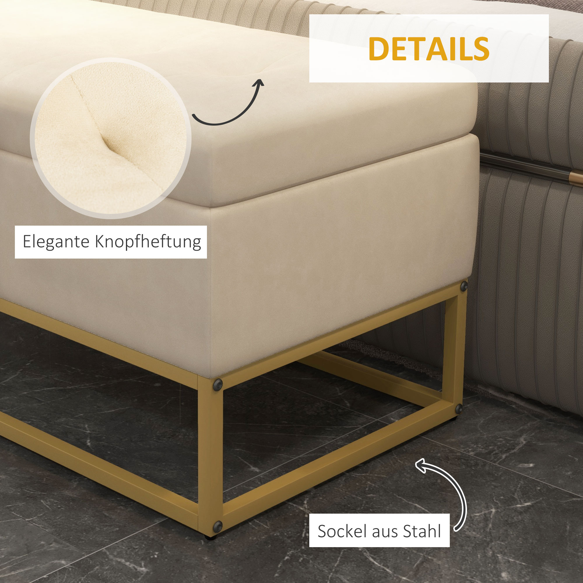 Beige Ottoman mit Goldrahmen. Details zeigen Knopfheftung und Stahlbasis.