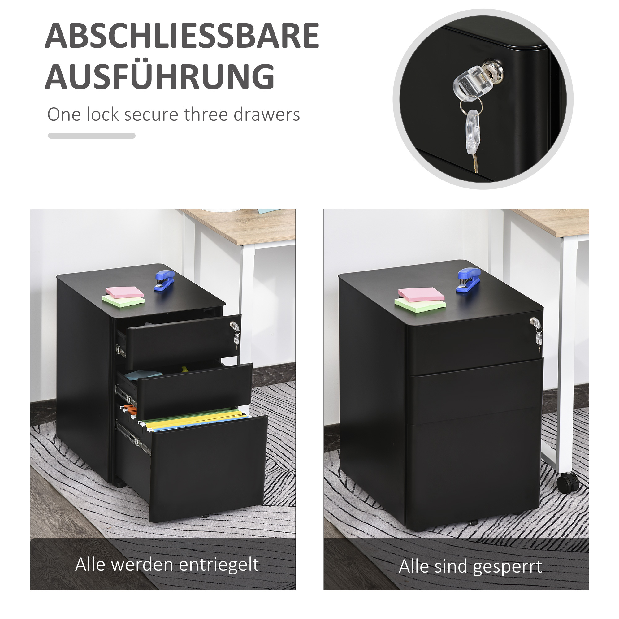Zwei schwarze Aktenschränke, einer geöffnet mit Akten, der andere geschlossen mit einem Schlüssel.