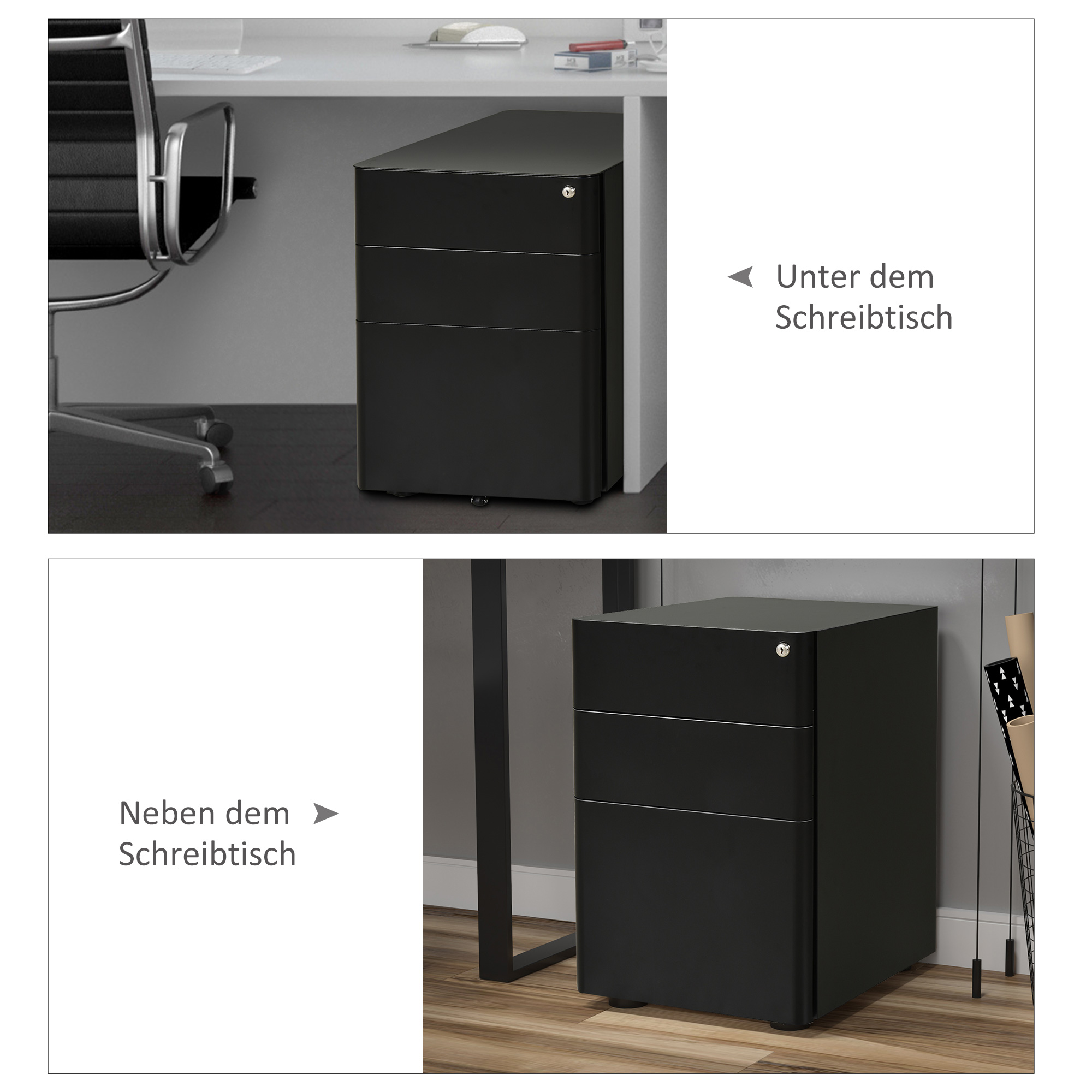 Schwarzer Büroschrank unter einem Schreibtisch. Ein weiterer schwarzer Schrank neben dem Schreibtisch.