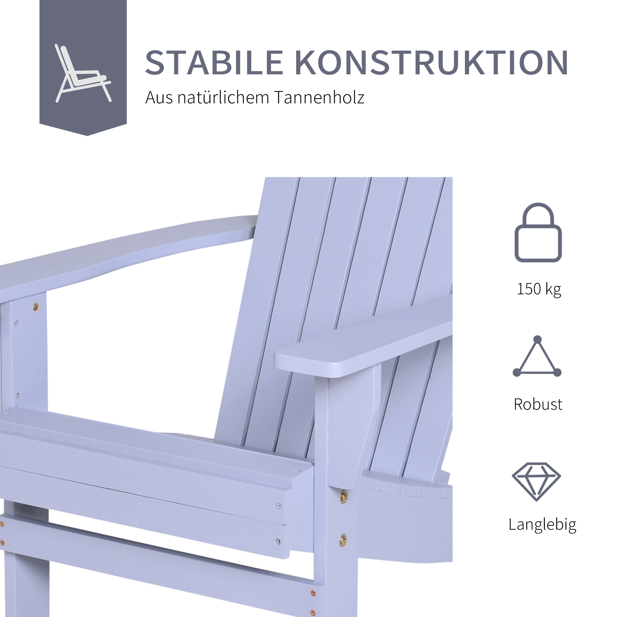 Holz-Außenstuhl, hellblau, robuste Konstruktion, hohe Tragfähigkeit.