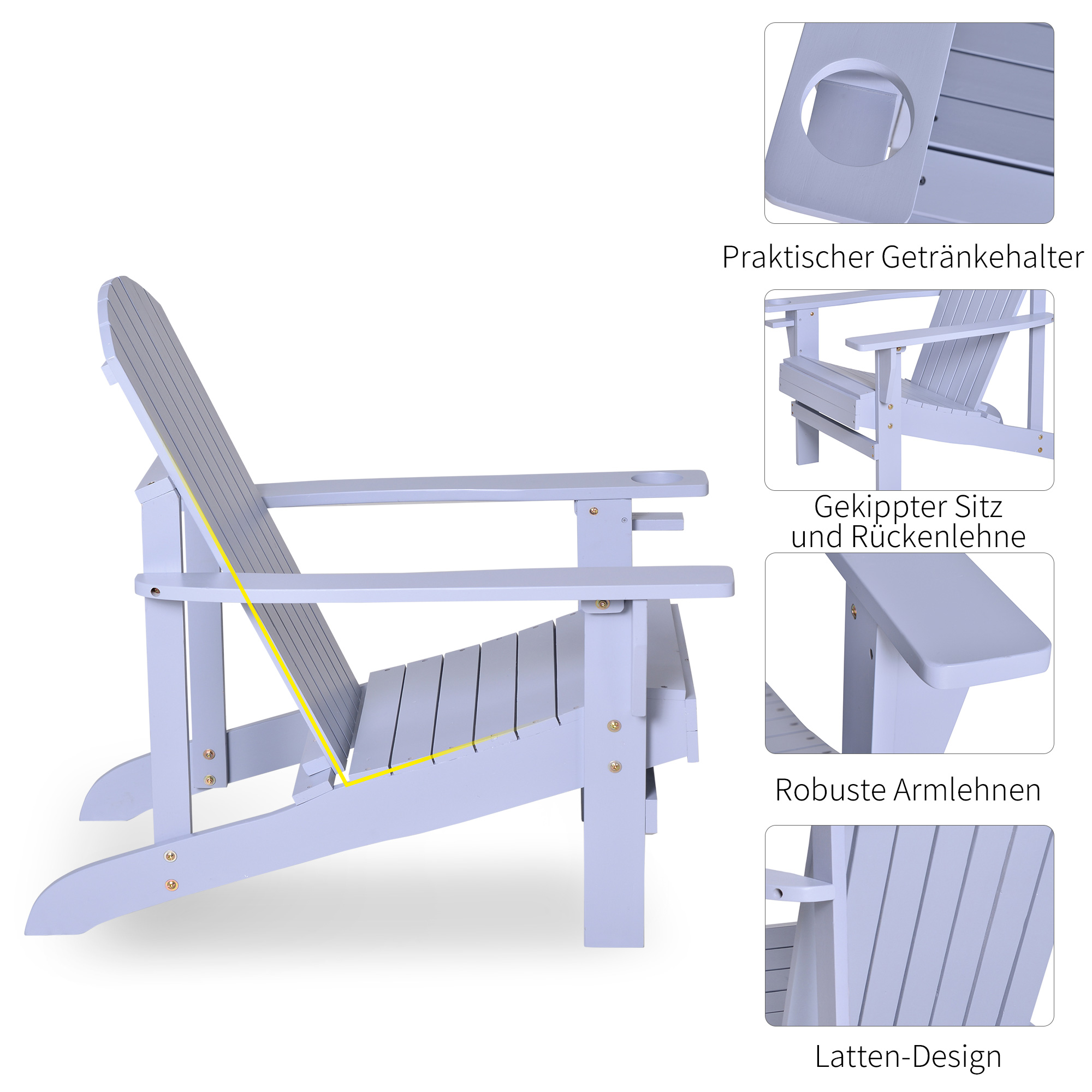 Hellblauer Holz-Adirondack-Stuhl mit Getränkehalter. Details des Stuhls und Text auf Deutsch.
