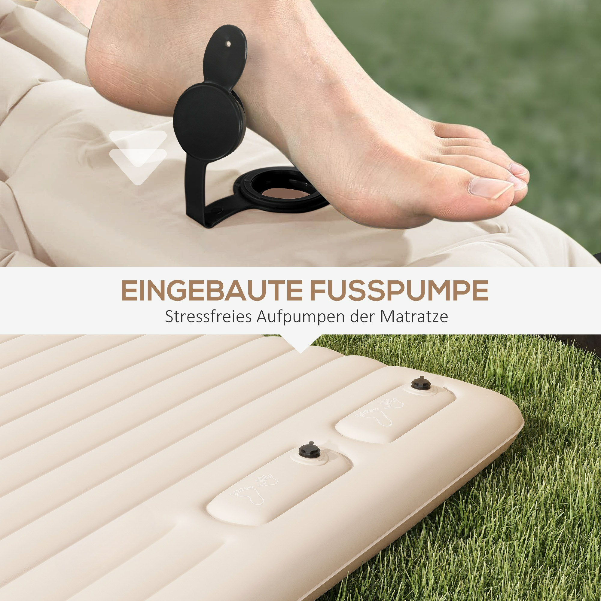 Fuß mit aufblasbarer Matratze, mit integrierter Fußpumpe und Gras.