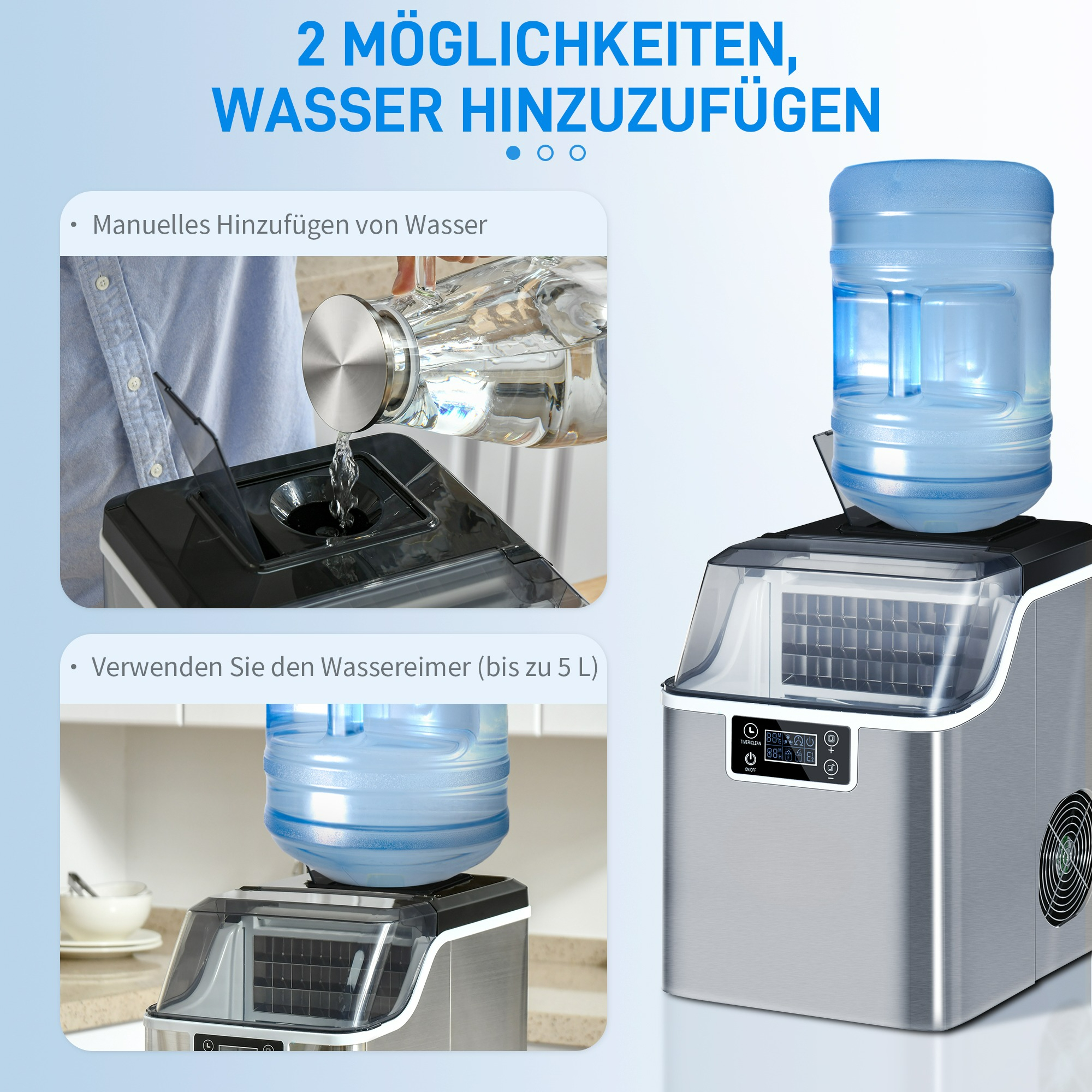 Eismaschine, die zwei Methoden zum Hinzufügen von Wasser zeigt: manuell und mit Wasserflasche.
