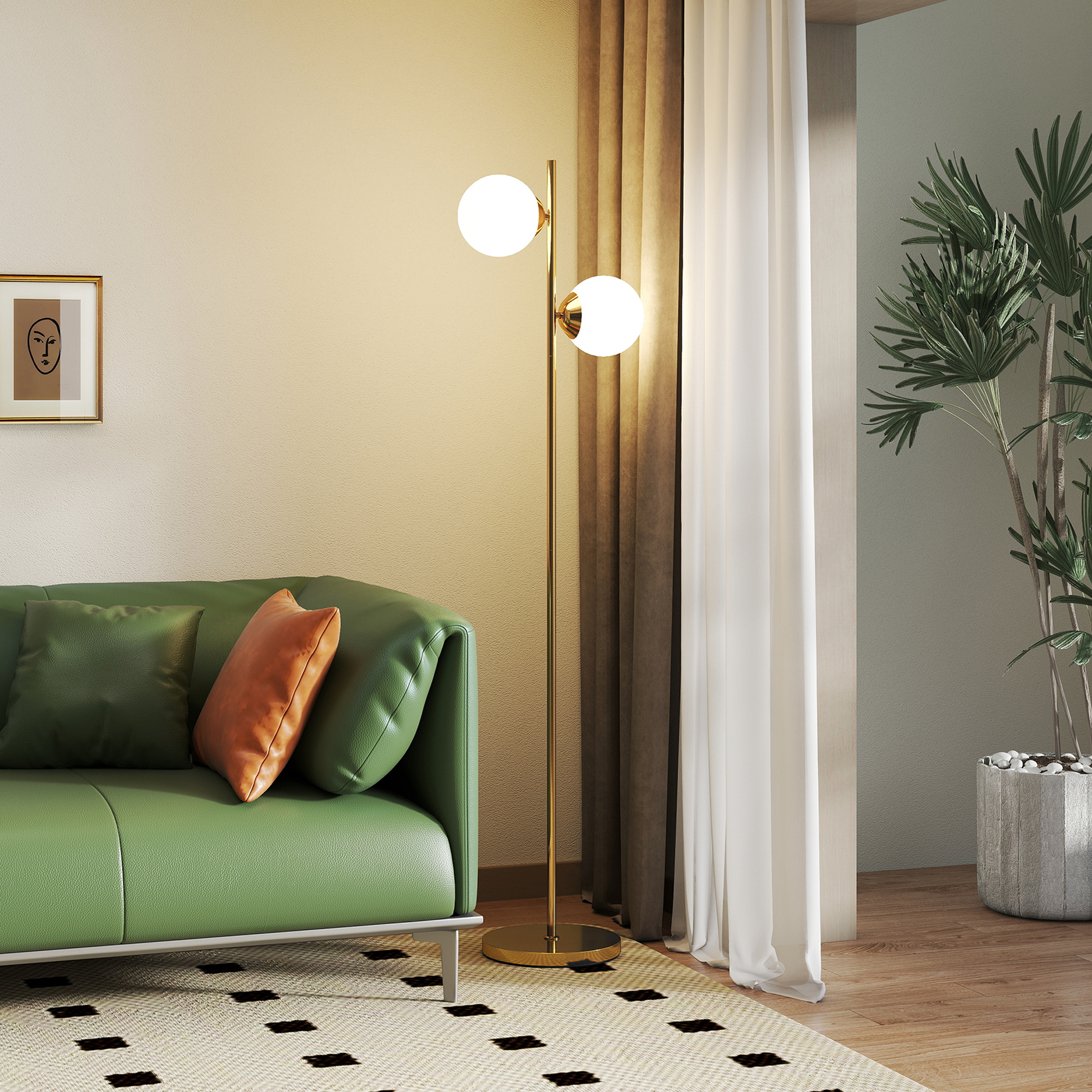 Soggiorno con divano verde, lampada da terra e tappeto color crema.