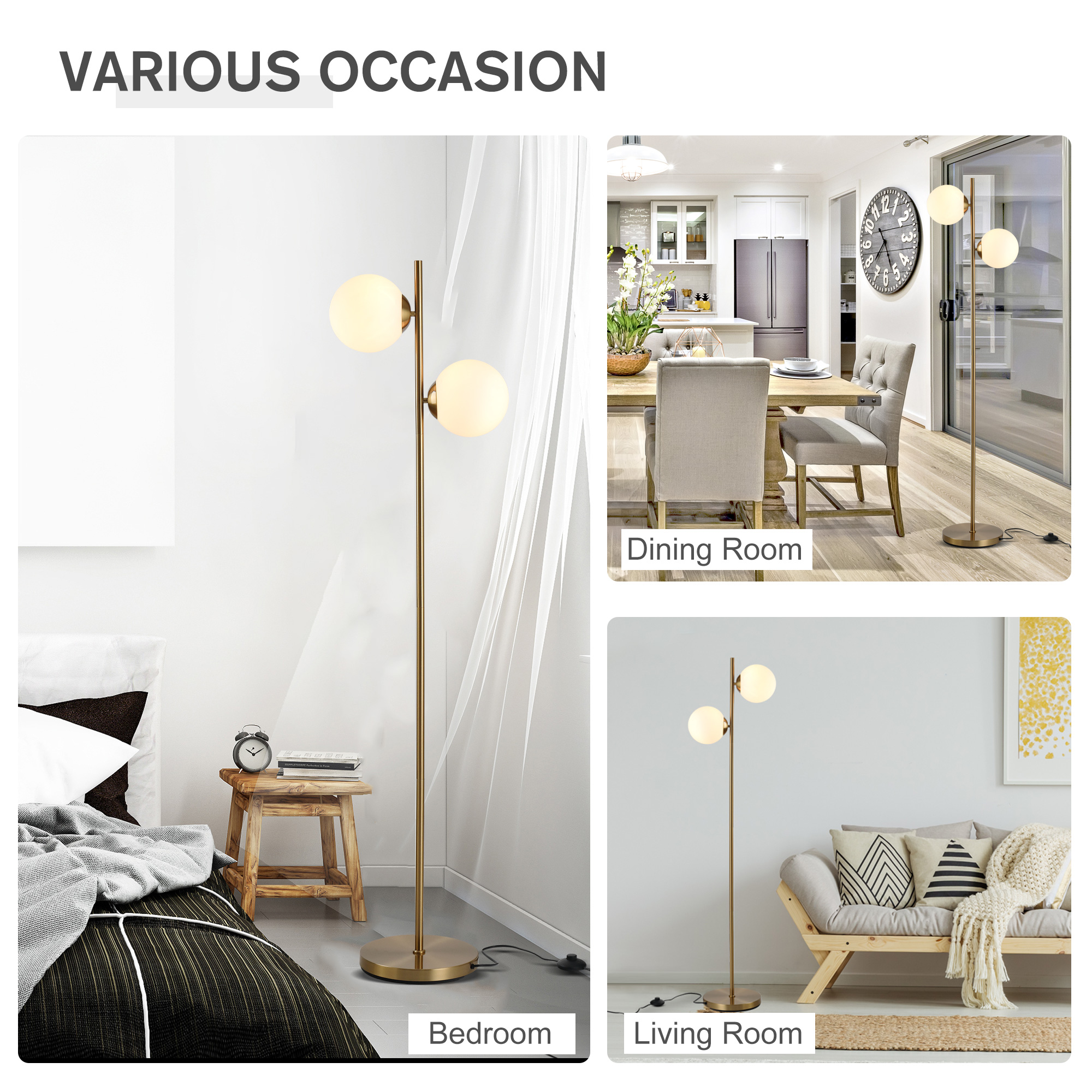 Szenen mit einer Stehlampe in einem Schlafzimmer, Esszimmer und Wohnzimmer.