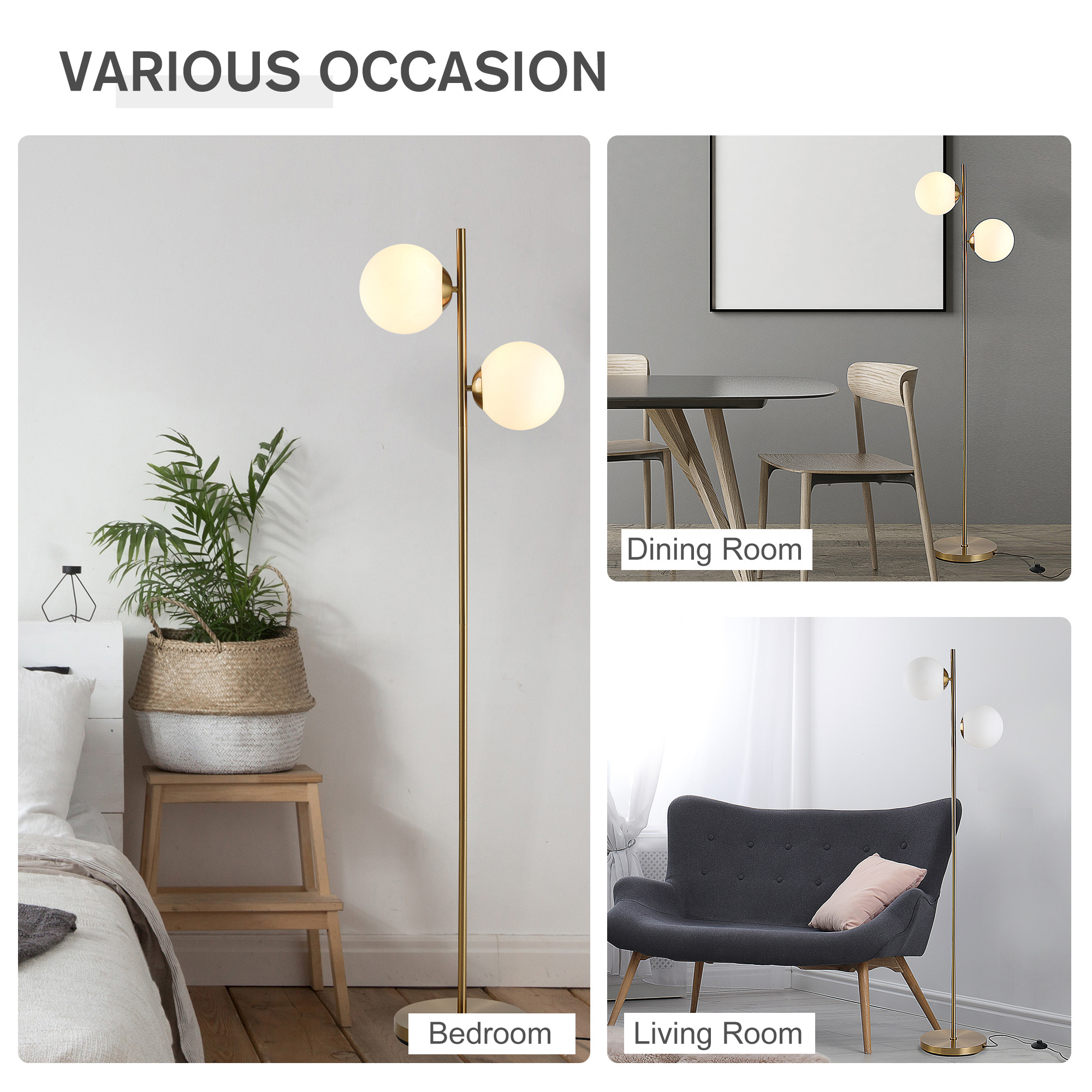 Eine Stehlampe in drei Raumeinstellungen: Schlafzimmer, Esszimmer und Wohnzimmer. Weiße Wände.