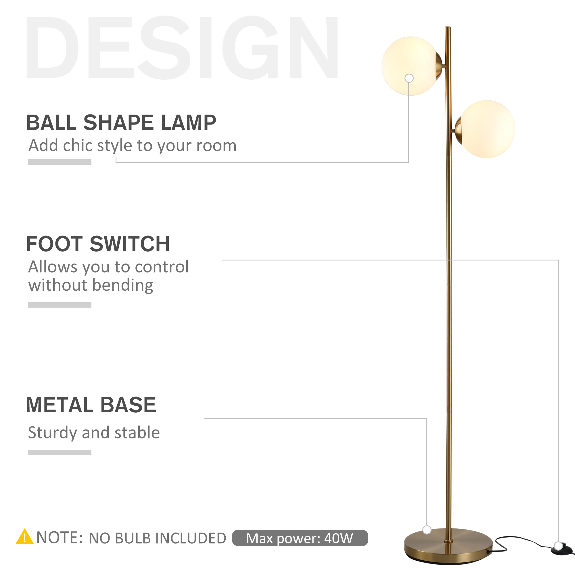 Stehlampe. Hat zwei kugelförmige Glühbirnen. Textbeschriftungen: 'Ball Shape Lamp', 'Foot Switch' und 'Metal Base'.
