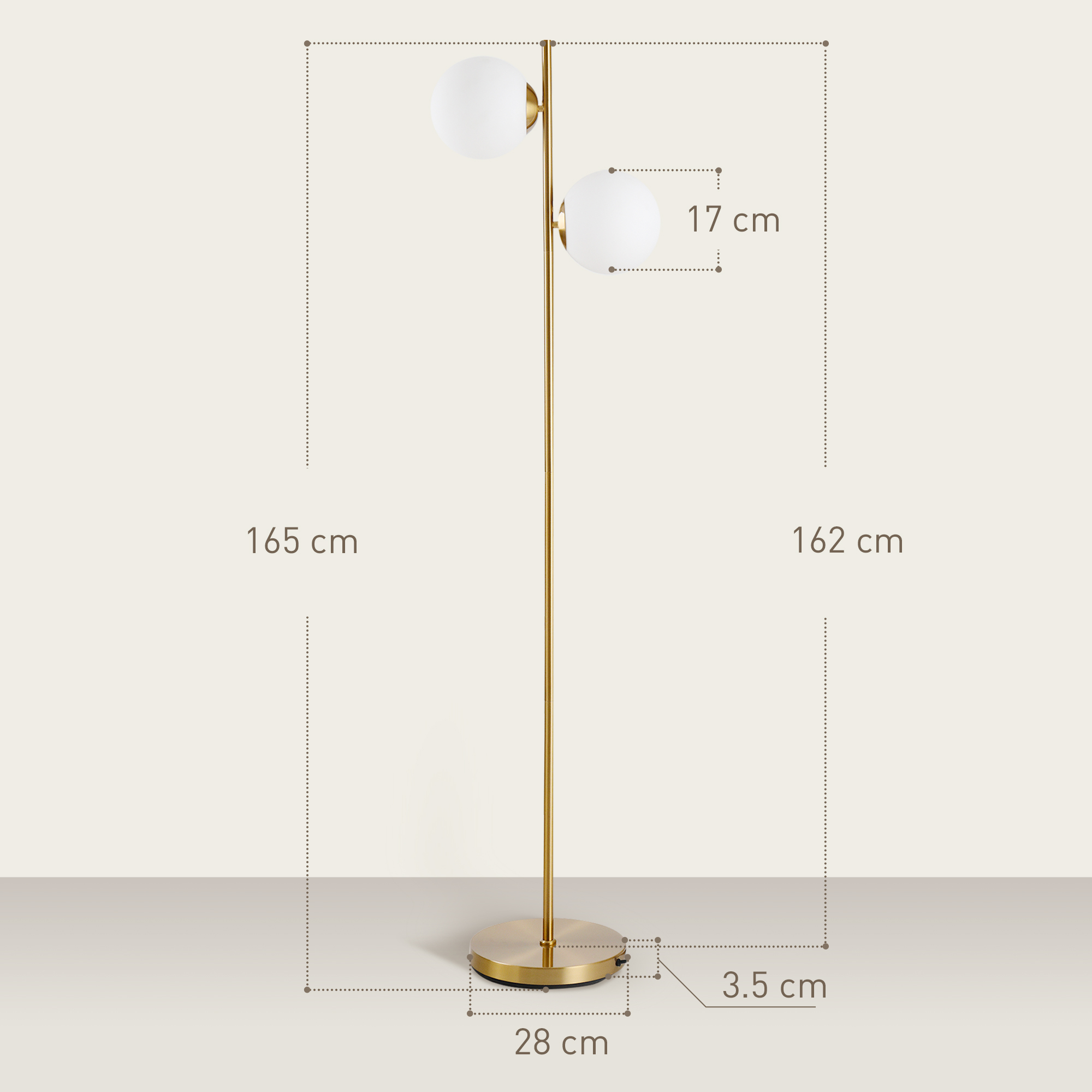 Lampada da terra dorata con due globi bianchi, con dimensioni in centimetri.